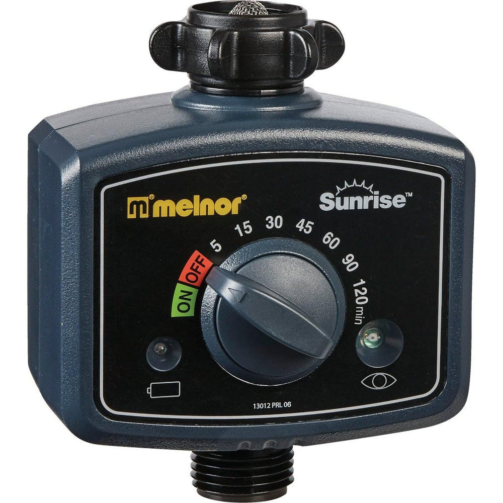 Melnor Sunrise front view showing compact body and connection for easy setup