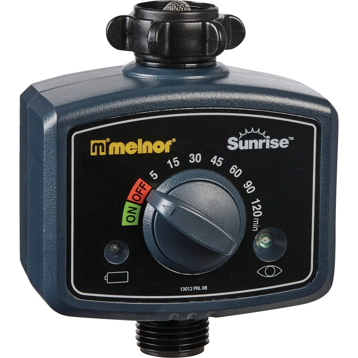 Melnor Sunrise front view showing compact body and connection for easy setup