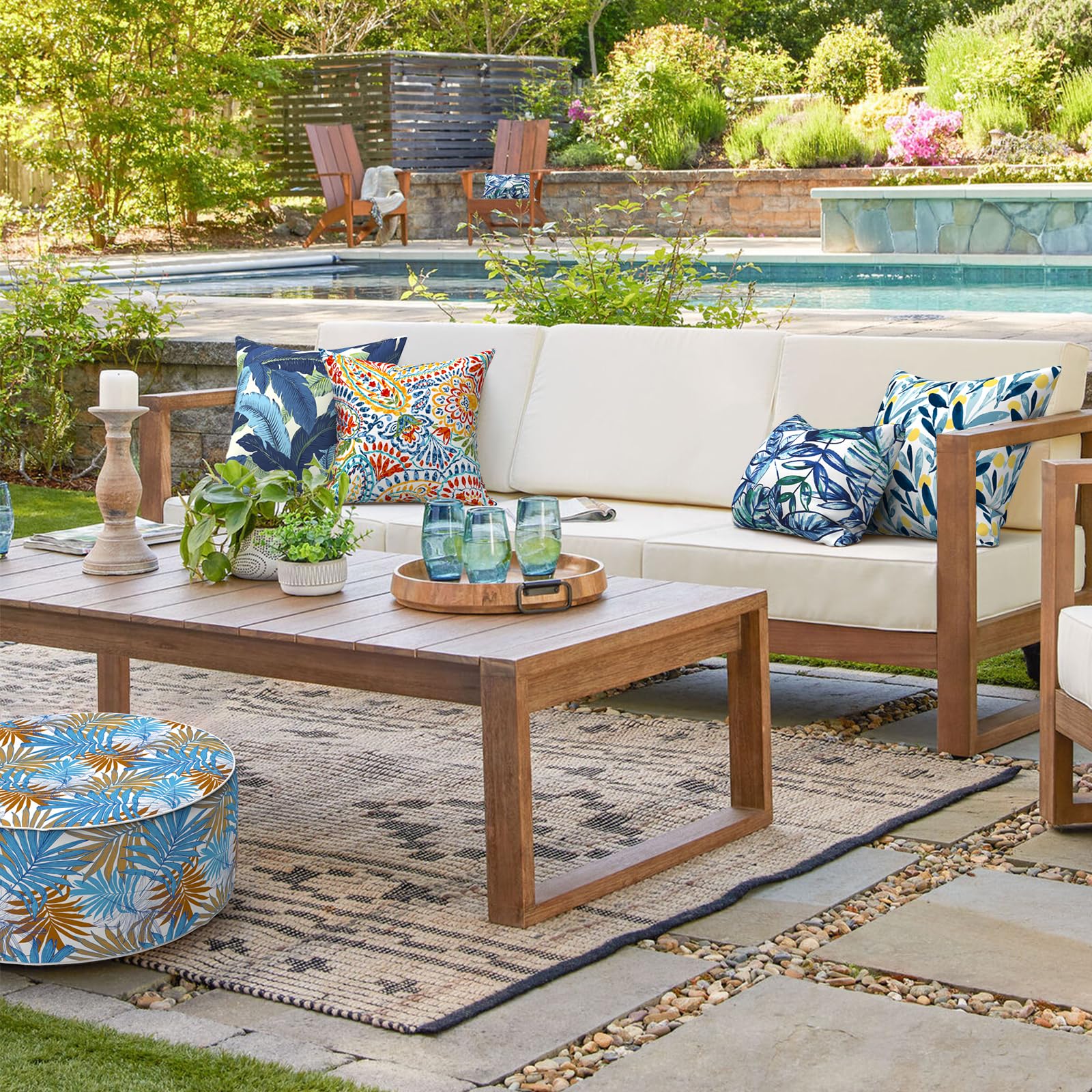 Melody Elephant pillows in garden setting create cozy outdoor seating