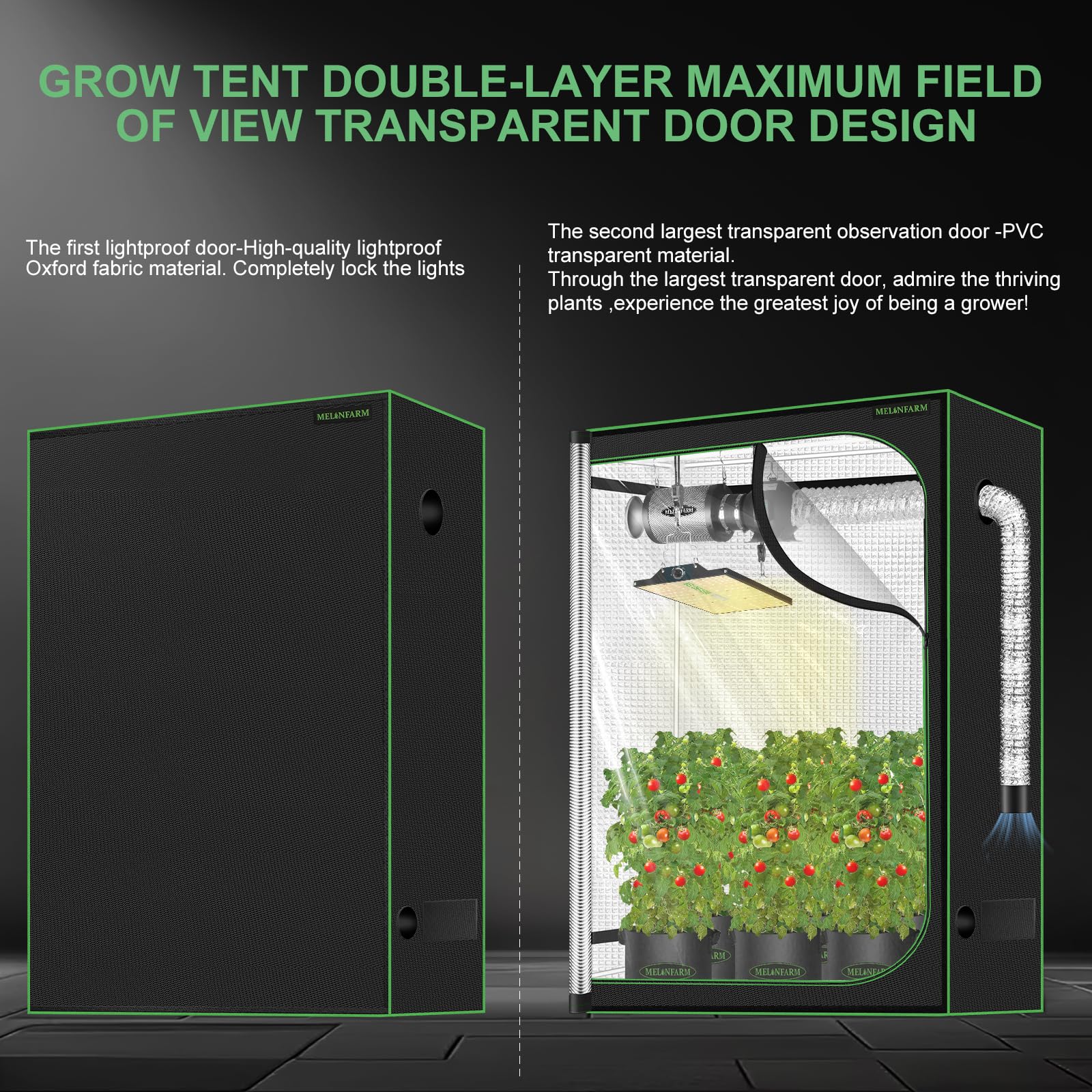 MELONFARM double-layer observation door open to reveal viewing panel for easy plant checks