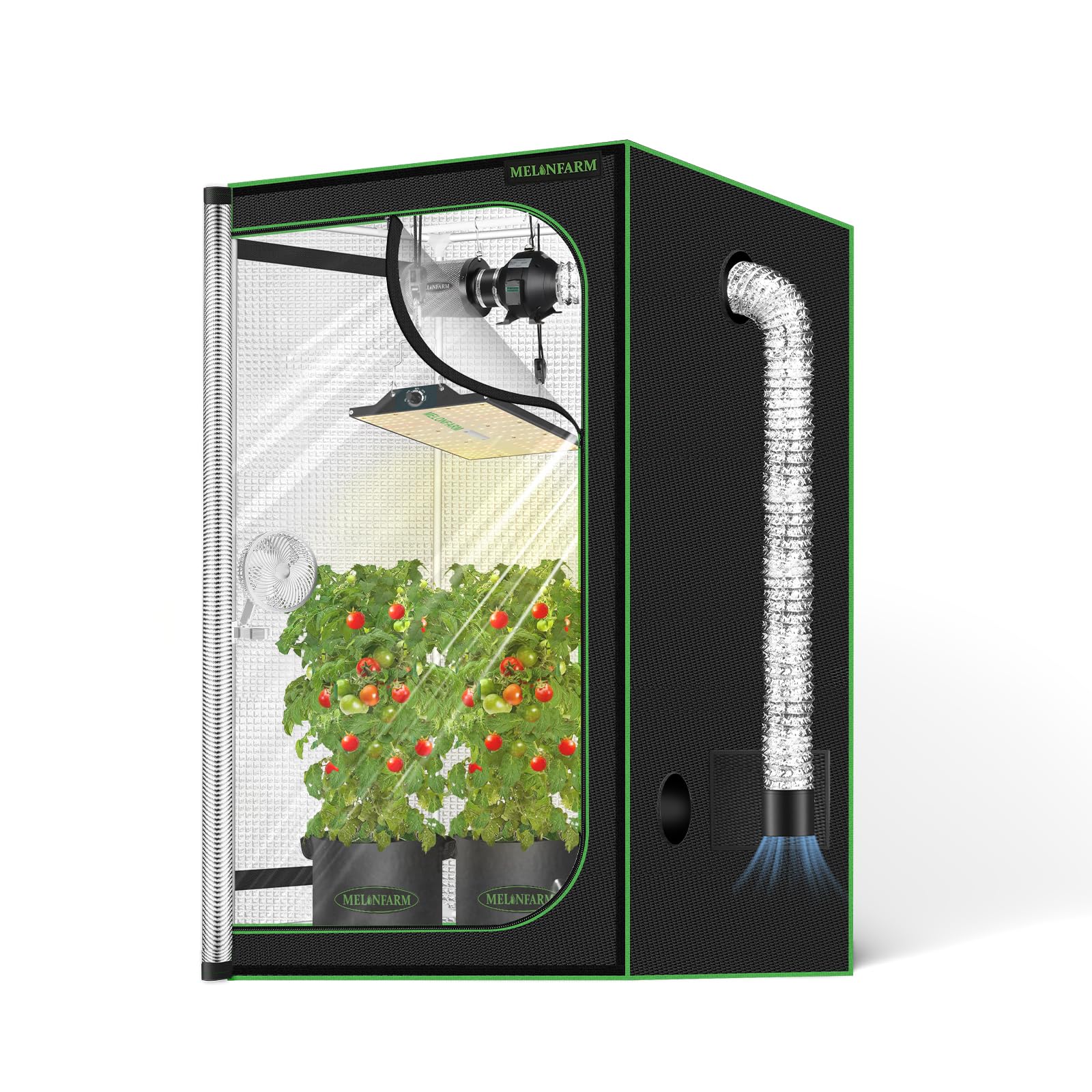 MELONFARM front view of grow tent showing compact footprint and sturdy frame boosting setup convenience