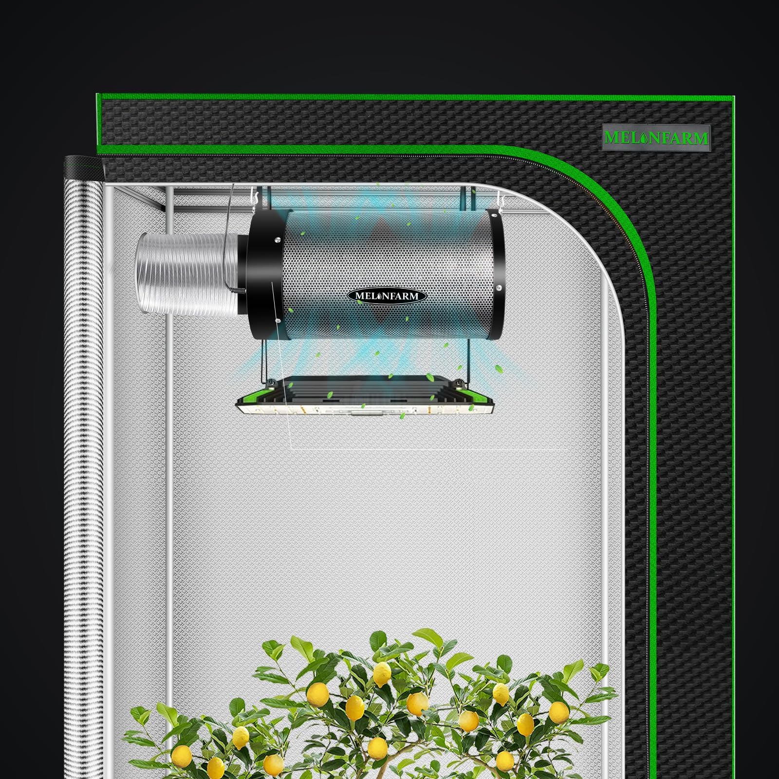 MELONFARM size comparison with hand illustrating compact footprint and space-saving advantage