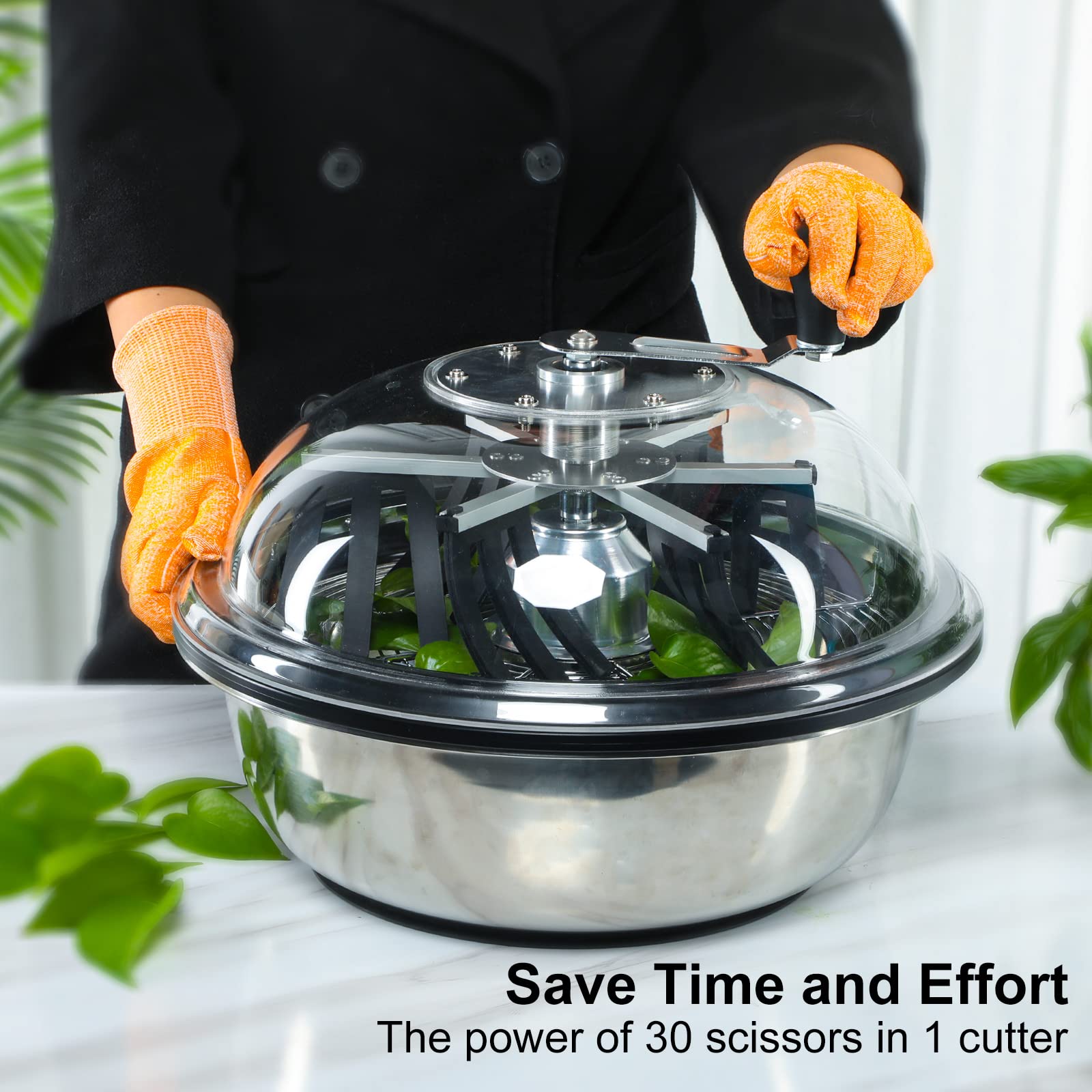 MELONFARM stainless steel bowl collecting trimmed leaves for easy cleanup