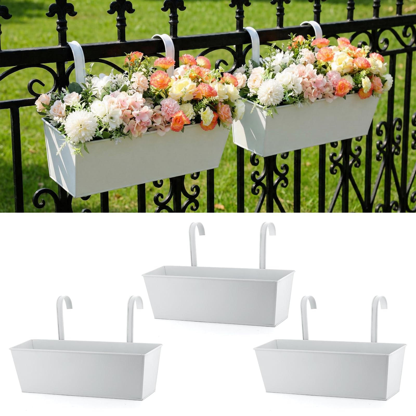 Meltset M front view hanging planter on rail showing secure fit and curb appeal