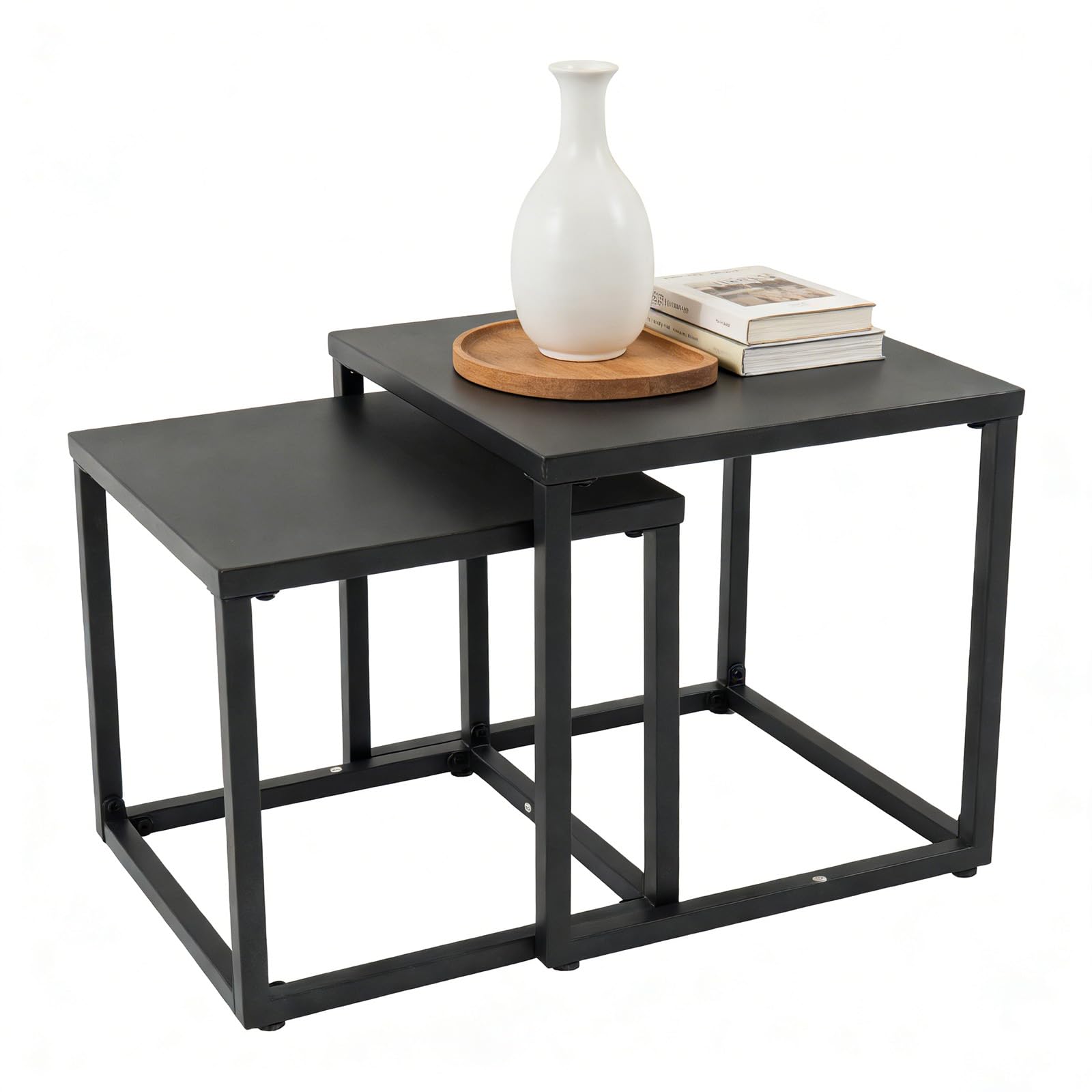 Meluvici front view of both tables showing compact modern design and outdoor durability