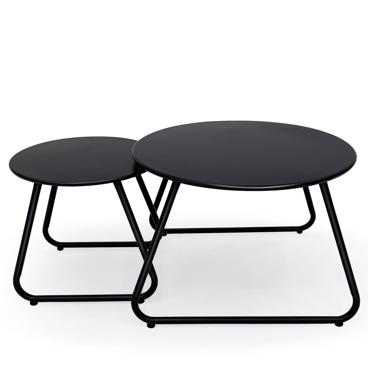 Meluvici front view showing two black round tables and compact outdoor style
