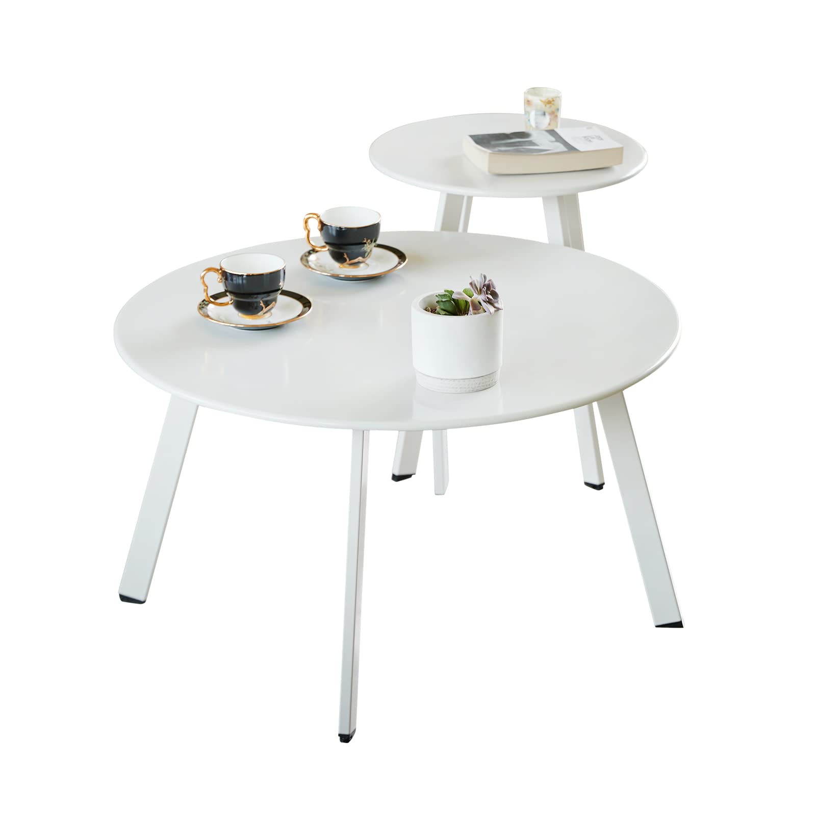 Meluvici front view of white nesting tables showing modern benefit of space-saving