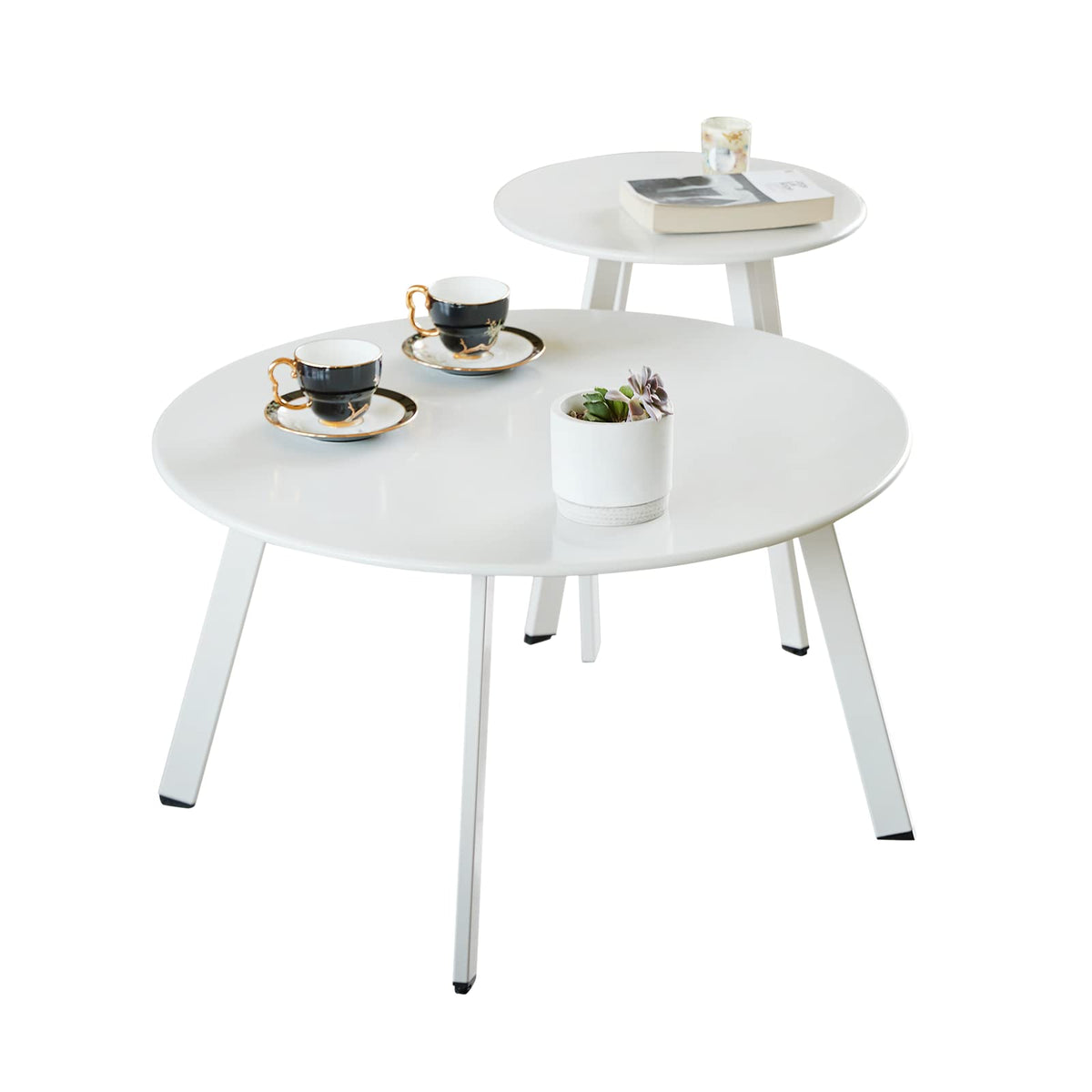 Meluvici front view of white nesting tables showing modern benefit of space-saving