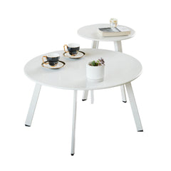 Meluvici front view of white nesting tables showing modern benefit of space-saving