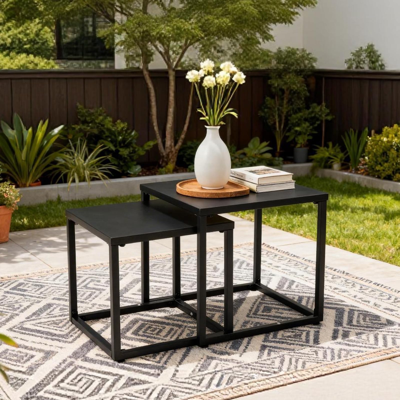 Meluvici close-up of larger table top showing smooth powder-coated steel and weather resistance