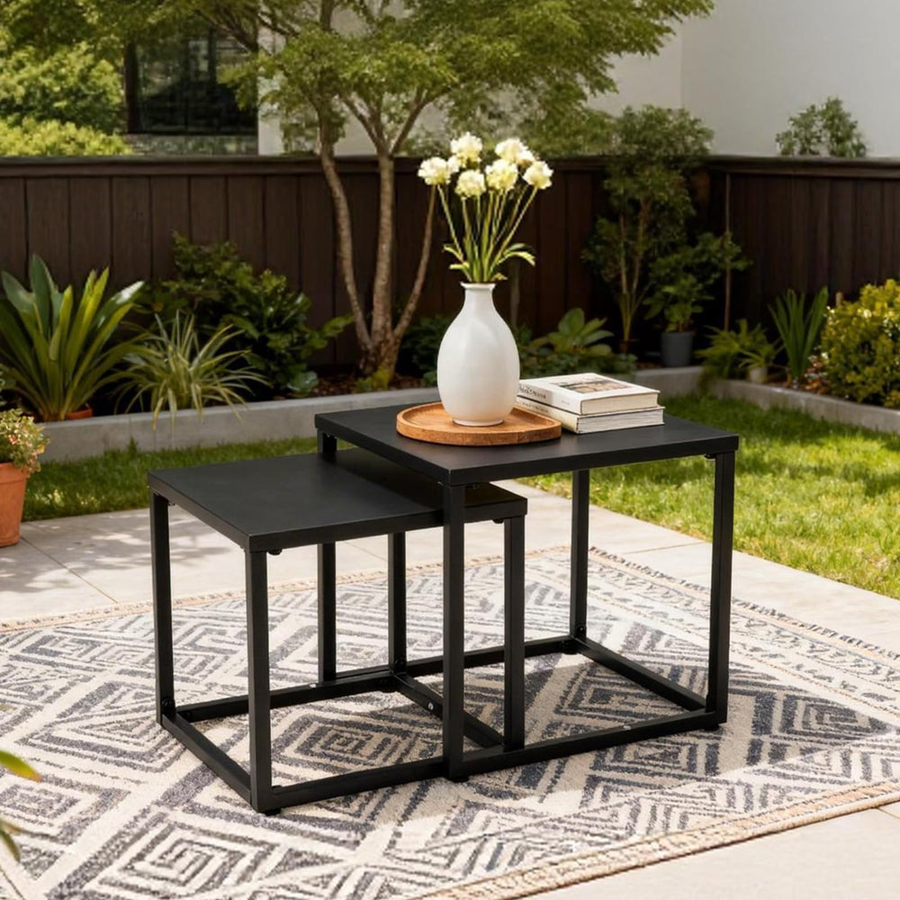Meluvici close-up of larger table top showing smooth powder-coated steel and weather resistance