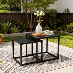 Meluvici close-up of larger table top showing smooth powder-coated steel and weather resistance