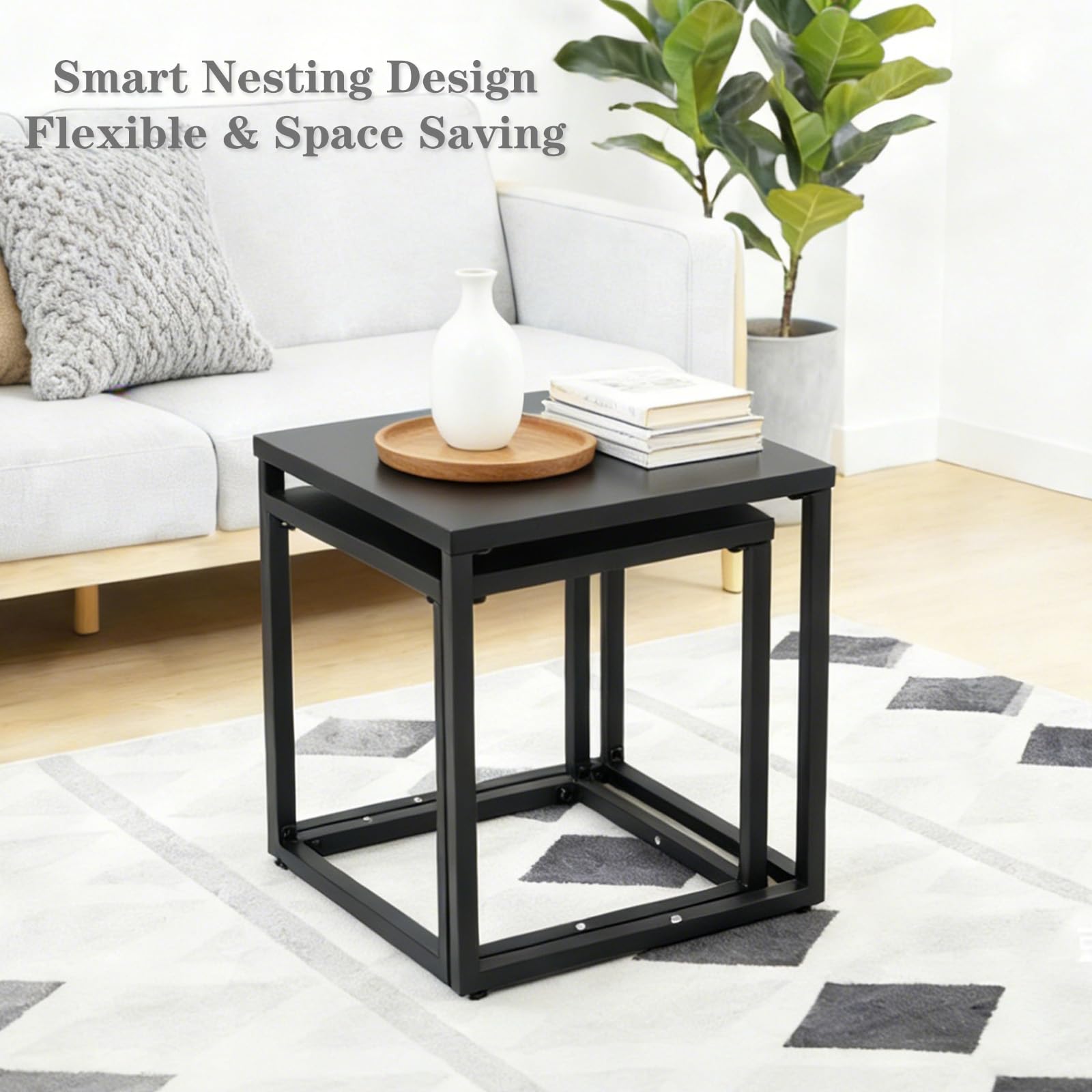 Meluvici tables nested together demonstrating space-saving storage for balconies
