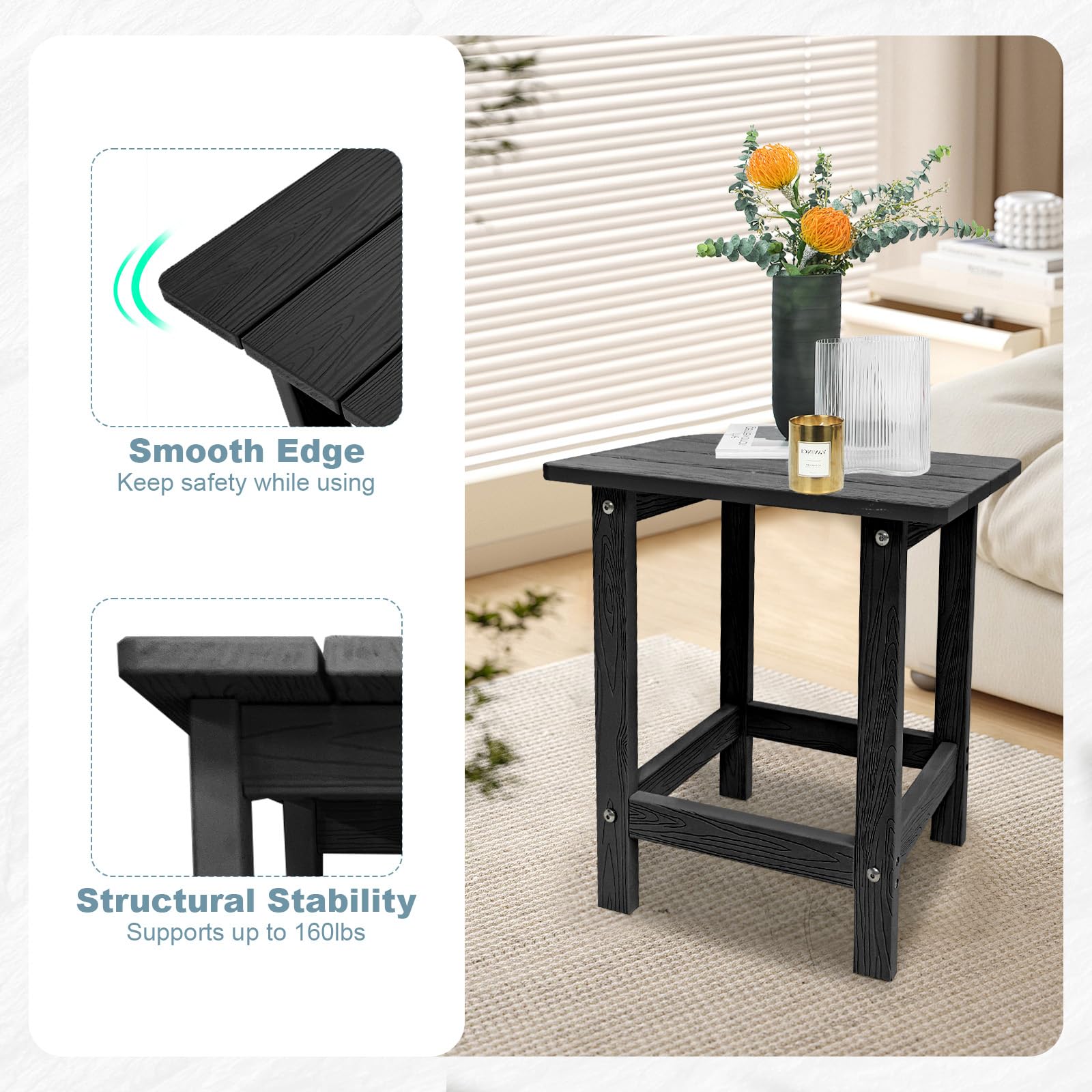 Meluvici side table with common objects for scale illustrating compact footprint