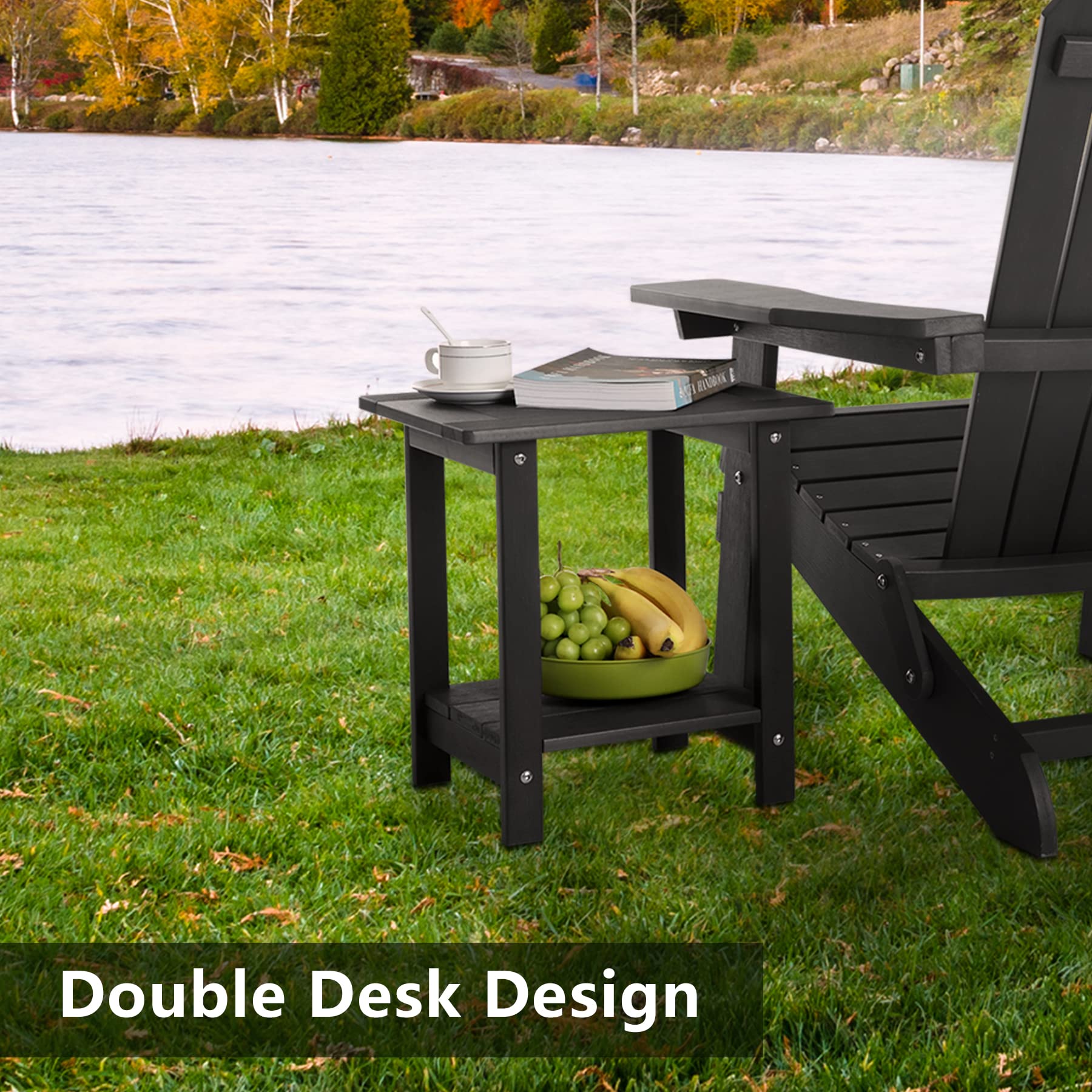Meluvici size comparison next to Adirondack chair showing compact footprint