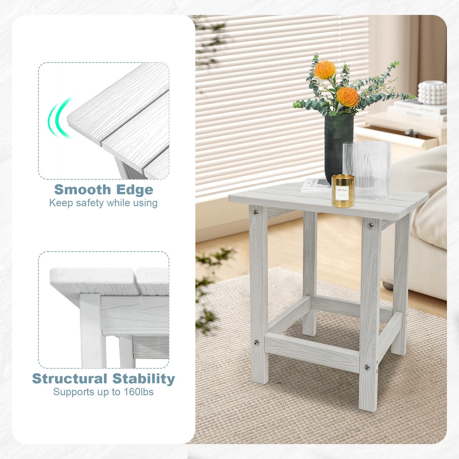 Meluvici table placed beside Adirondack chair demonstrating stable seating companion