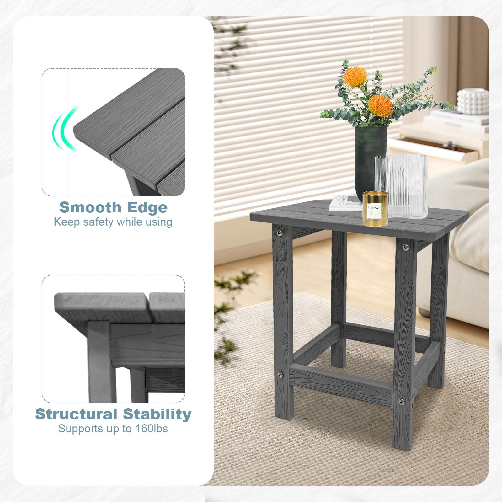 Meluvici table paired with Adirondack chair showing practical placement benefit: convenient reach