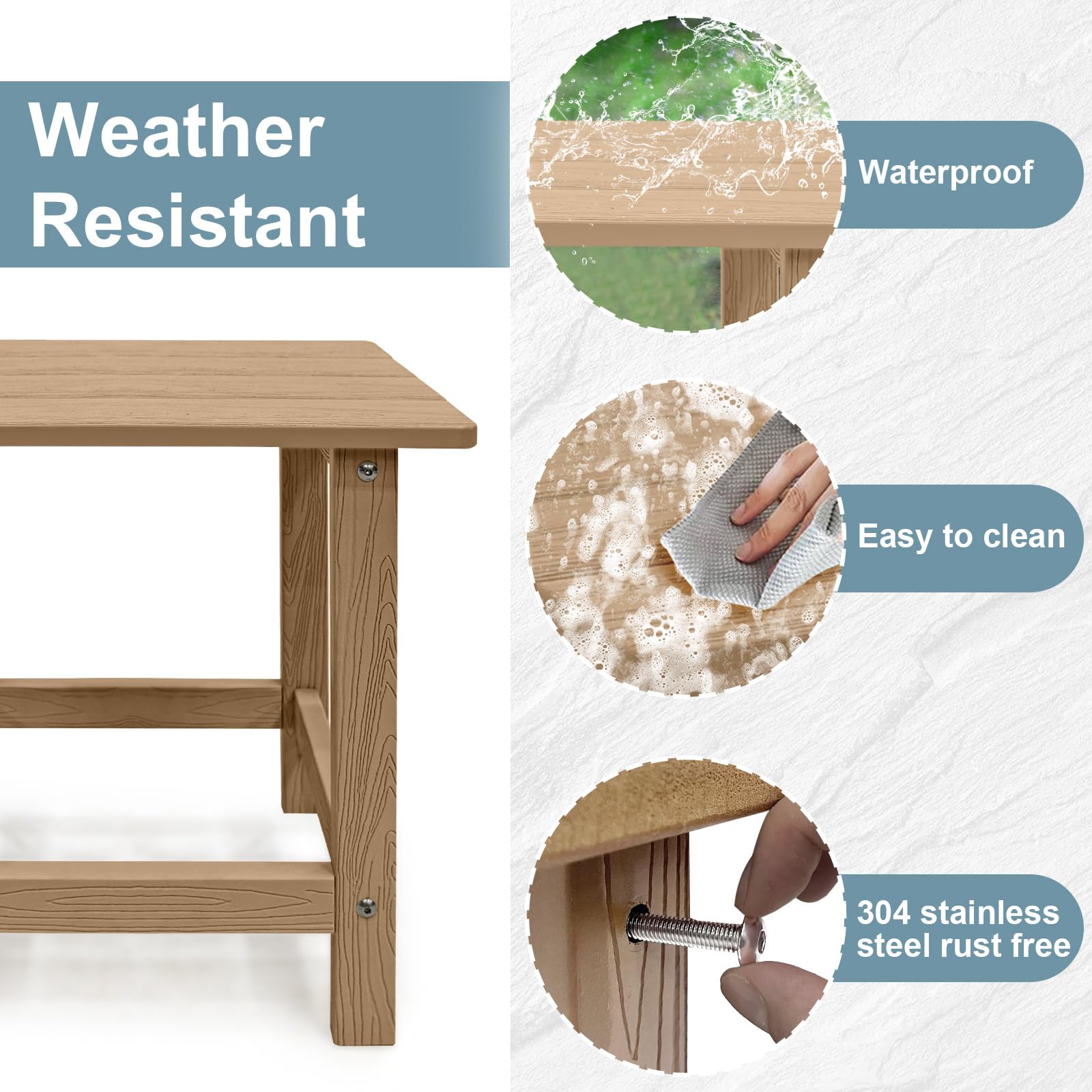 Meluvici table beside an Adirondack chair showing convenient drink and book storage