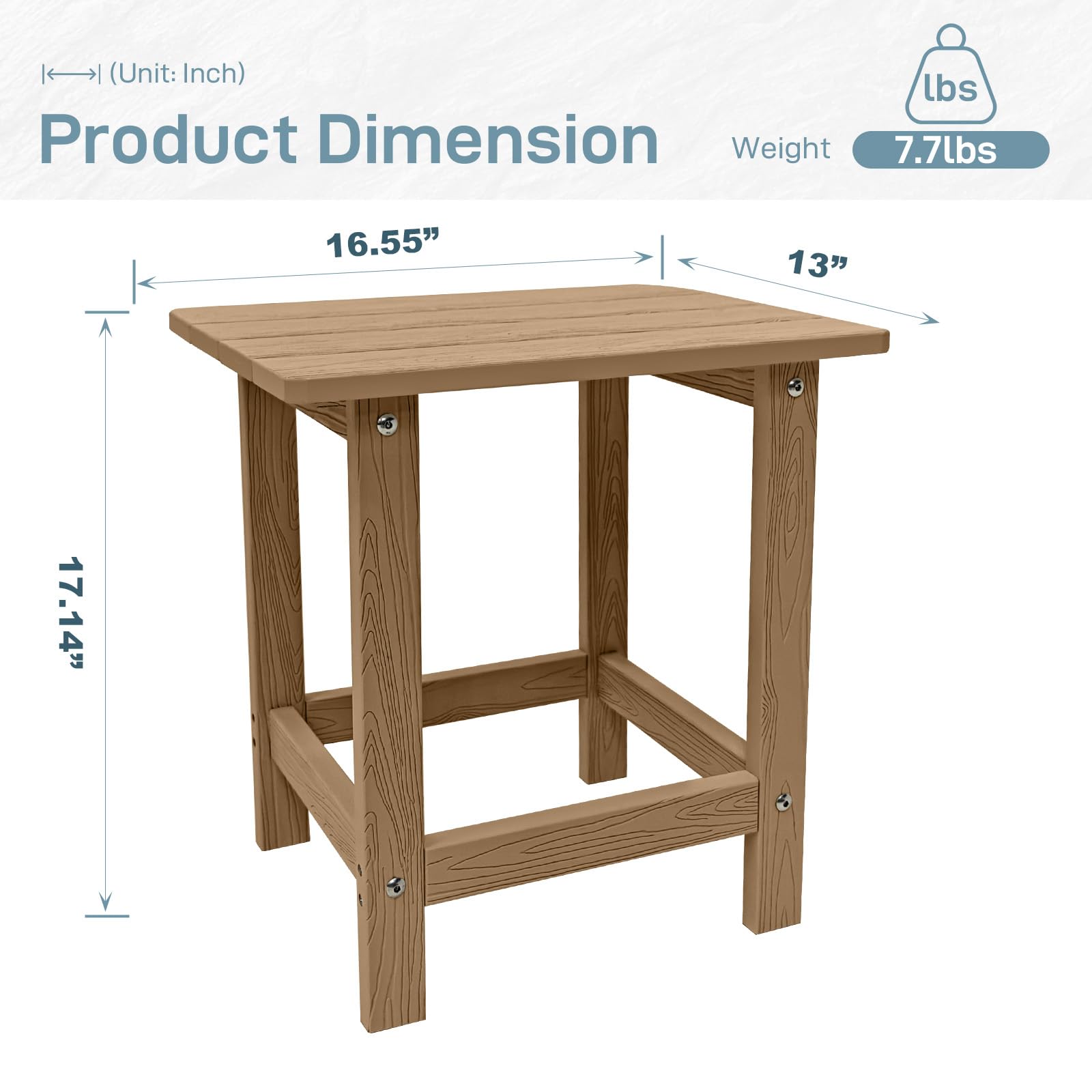 Meluvici detail of faux-teak grain and rust-free hardware for long-lasting durability