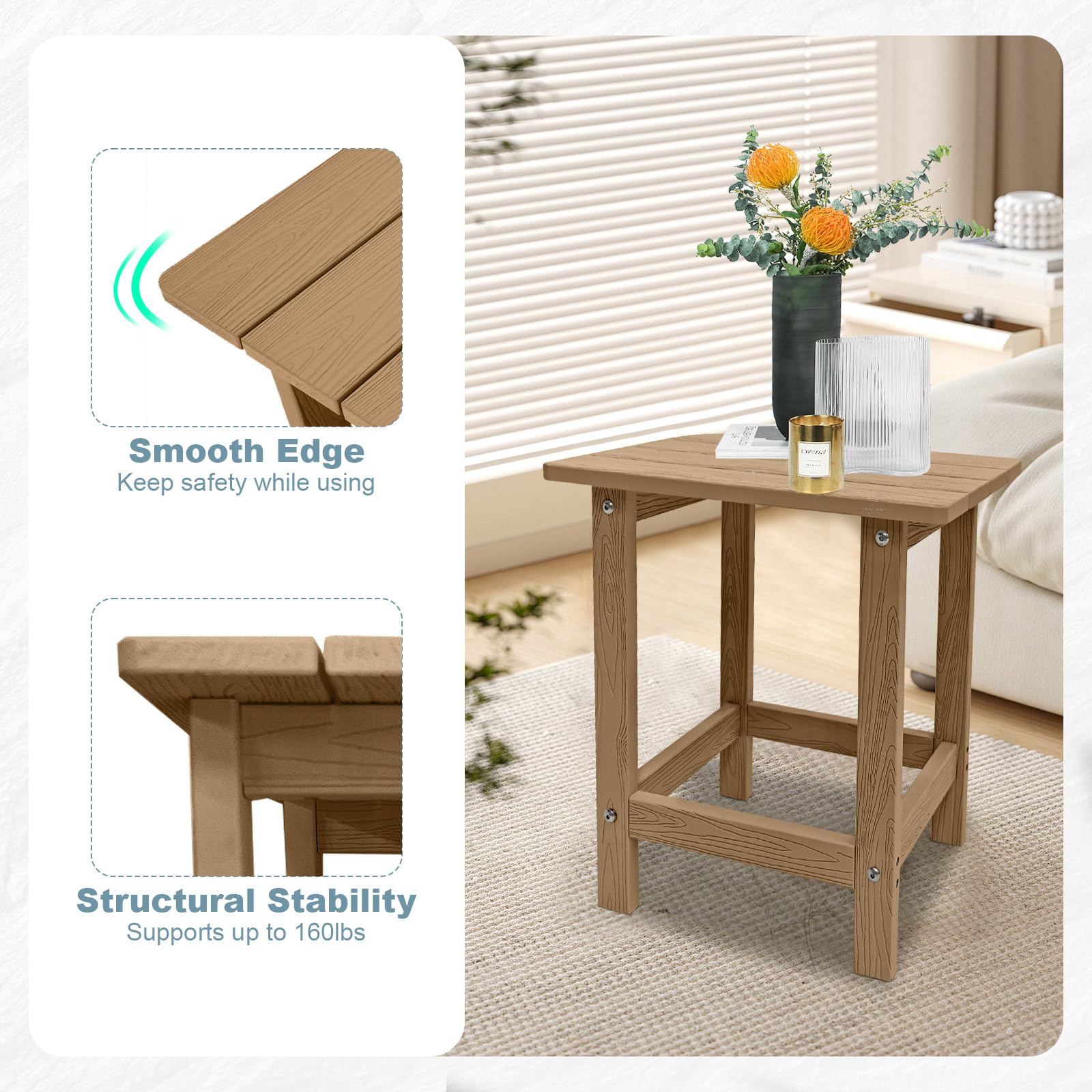 Meluvici table next to chair illustrating size and 300 lb load capacity benefit