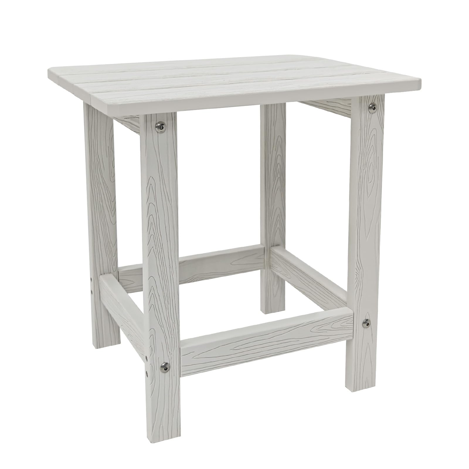 Meluvici white side table front view showing clean lines and weather resistance benefit