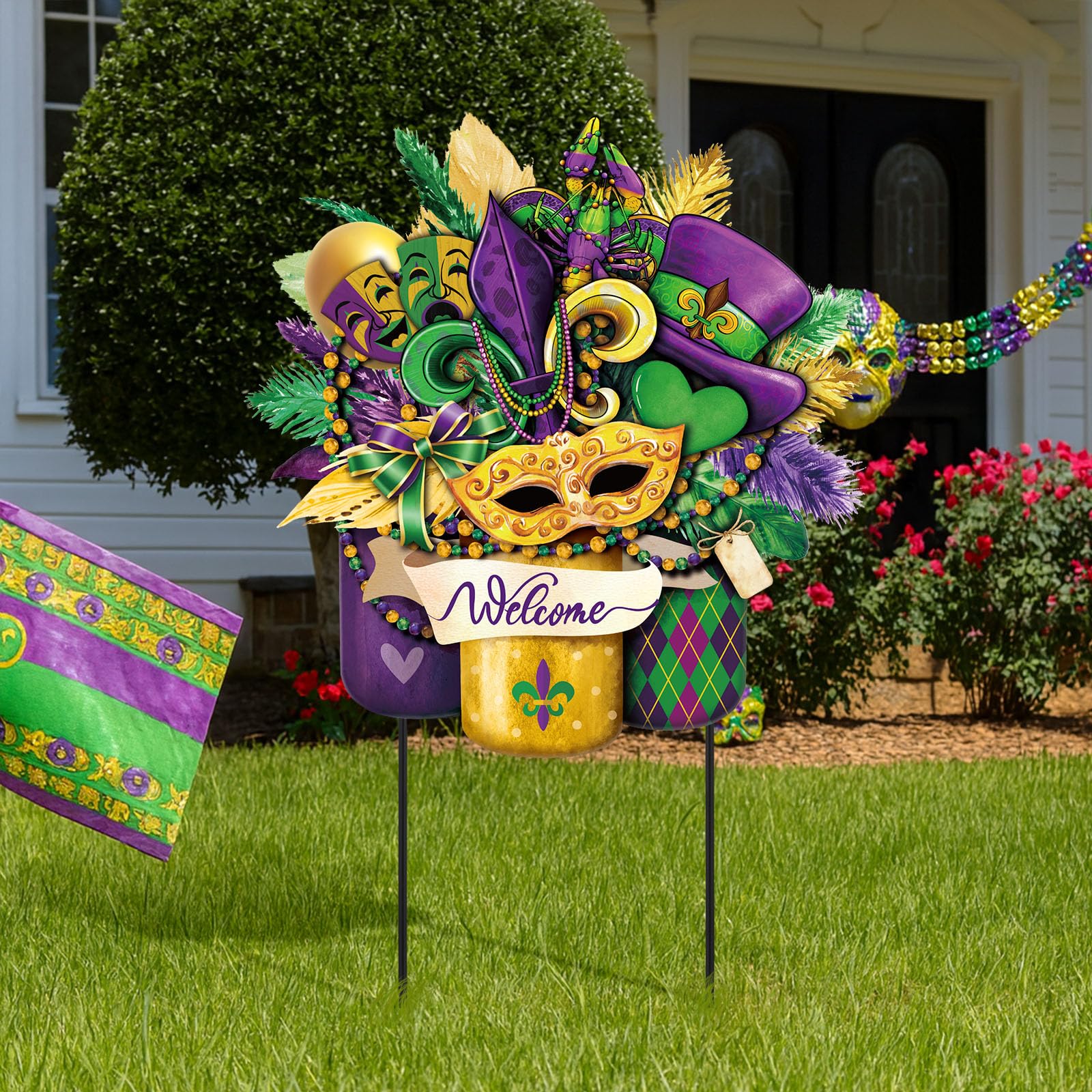 Memorywuu carnival sign front view showing colorful Mardi Gras welcome design and curb appeal