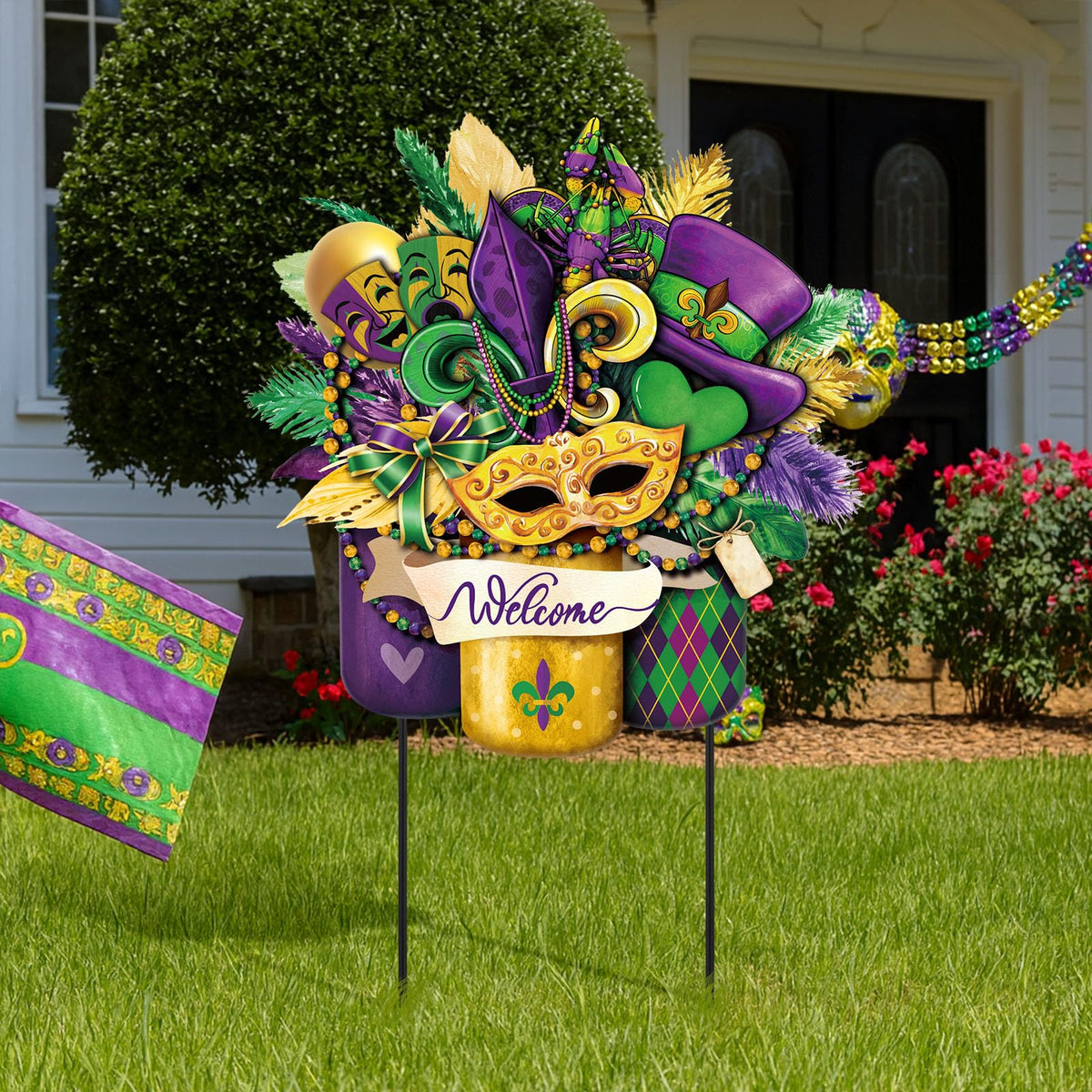 Memorywuu carnival sign front view showing colorful Mardi Gras welcome design and curb appeal