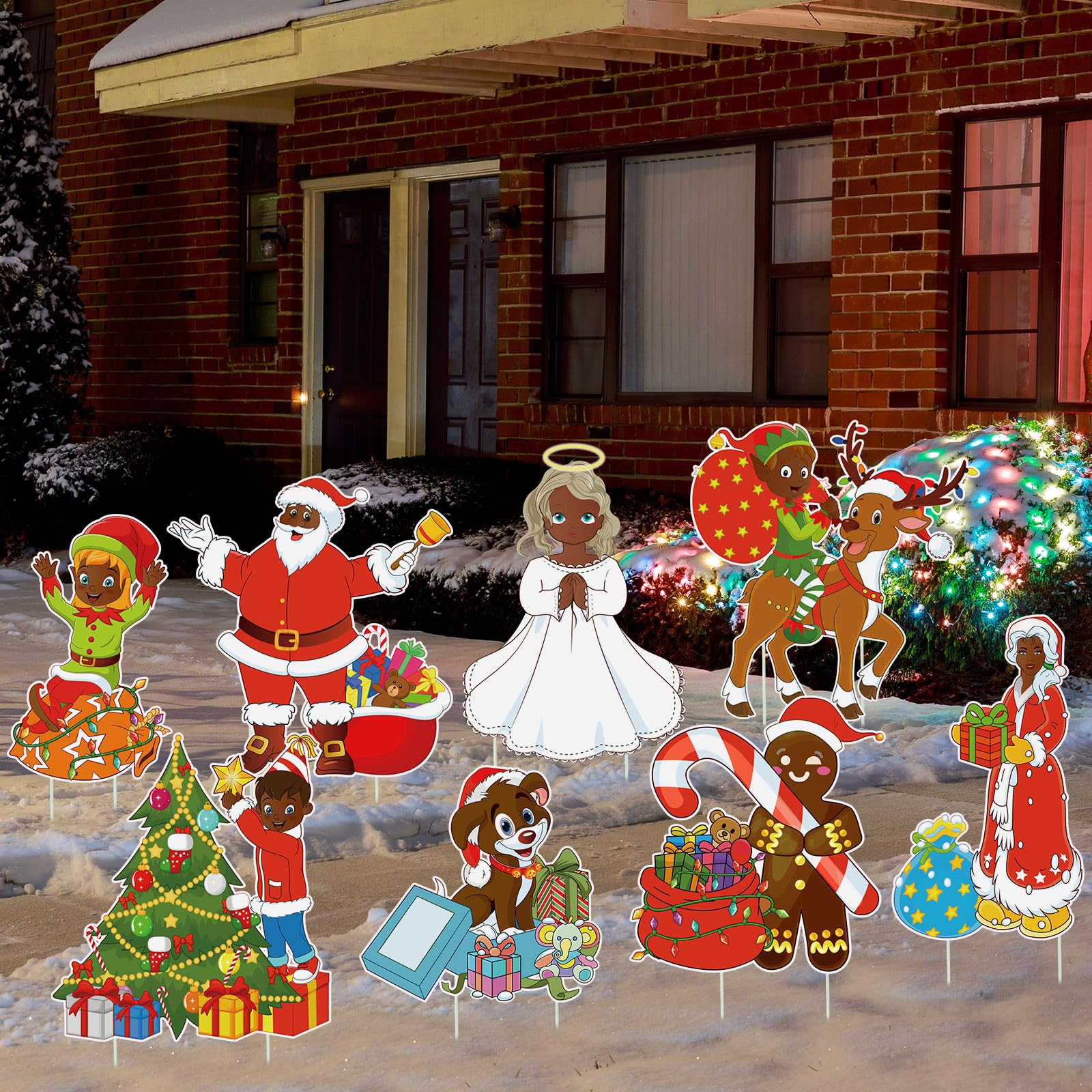 Memorywuu front display of signs on lawn highlighting festive curb appeal