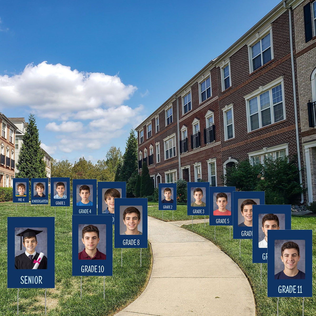 Memorywuu front-facing complete display showing all 14 blue frames and stakes, celebrating milestones