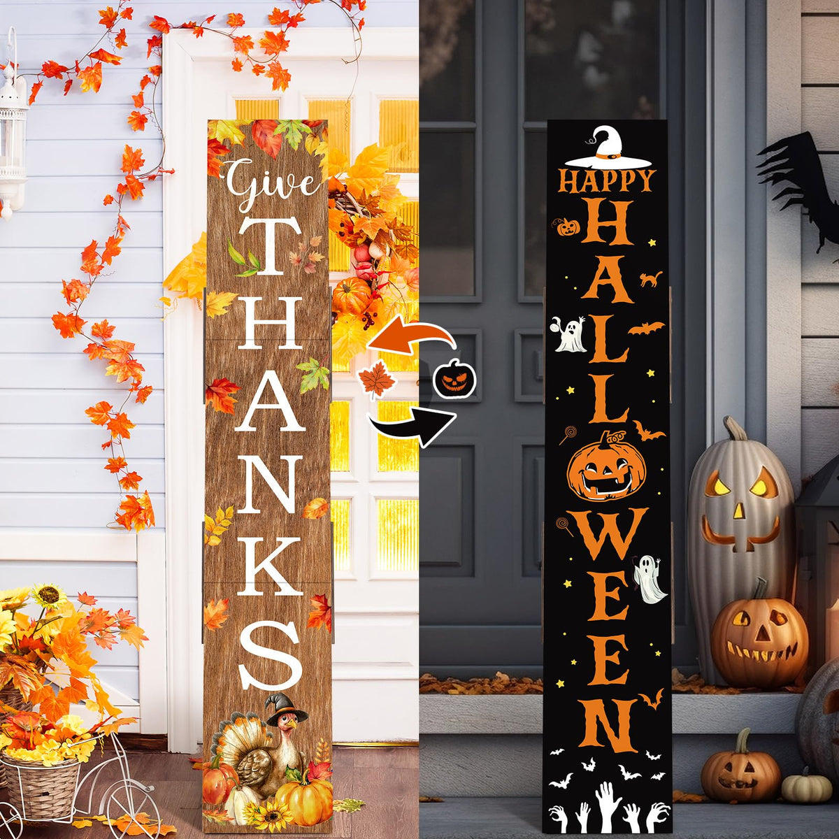 Memorywuu front-facing double-sided porch sign showing seasonal design and curb appeal