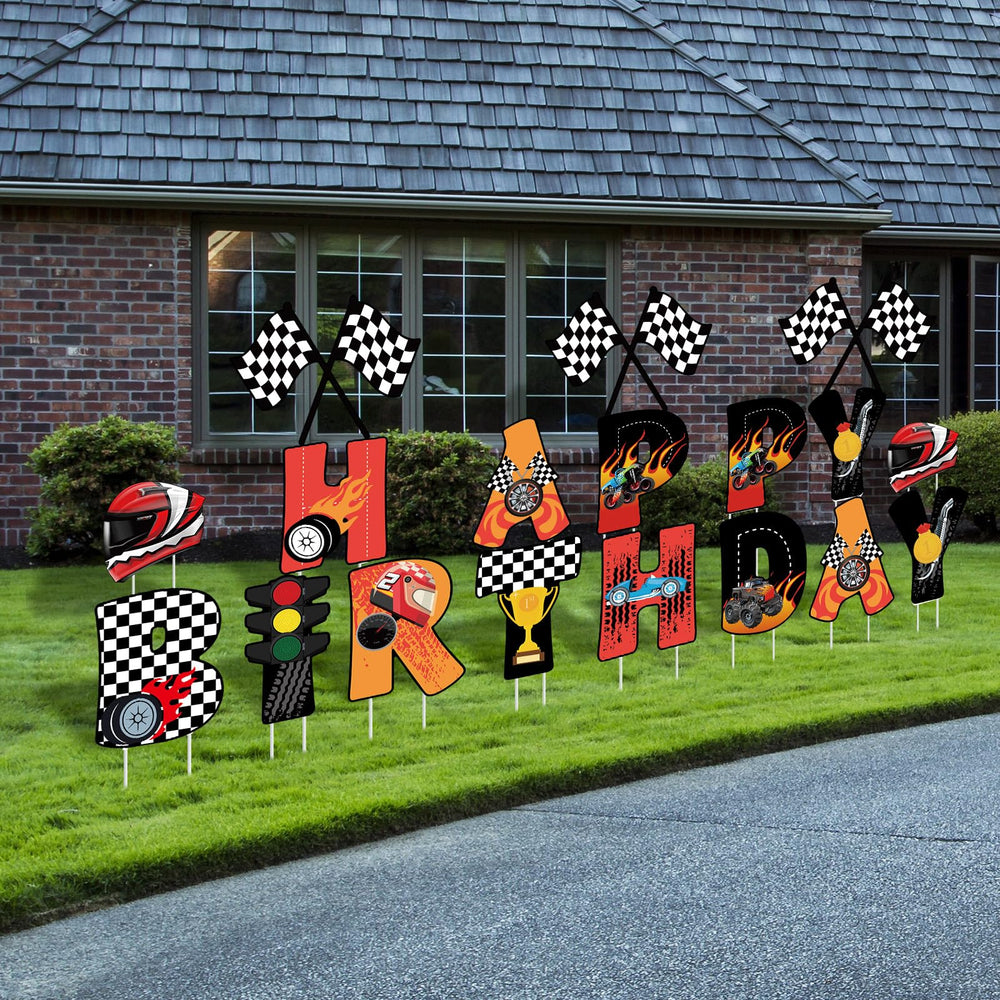 Memorywuu front packaging showing colorful race car happy birthday signs for easy party setup