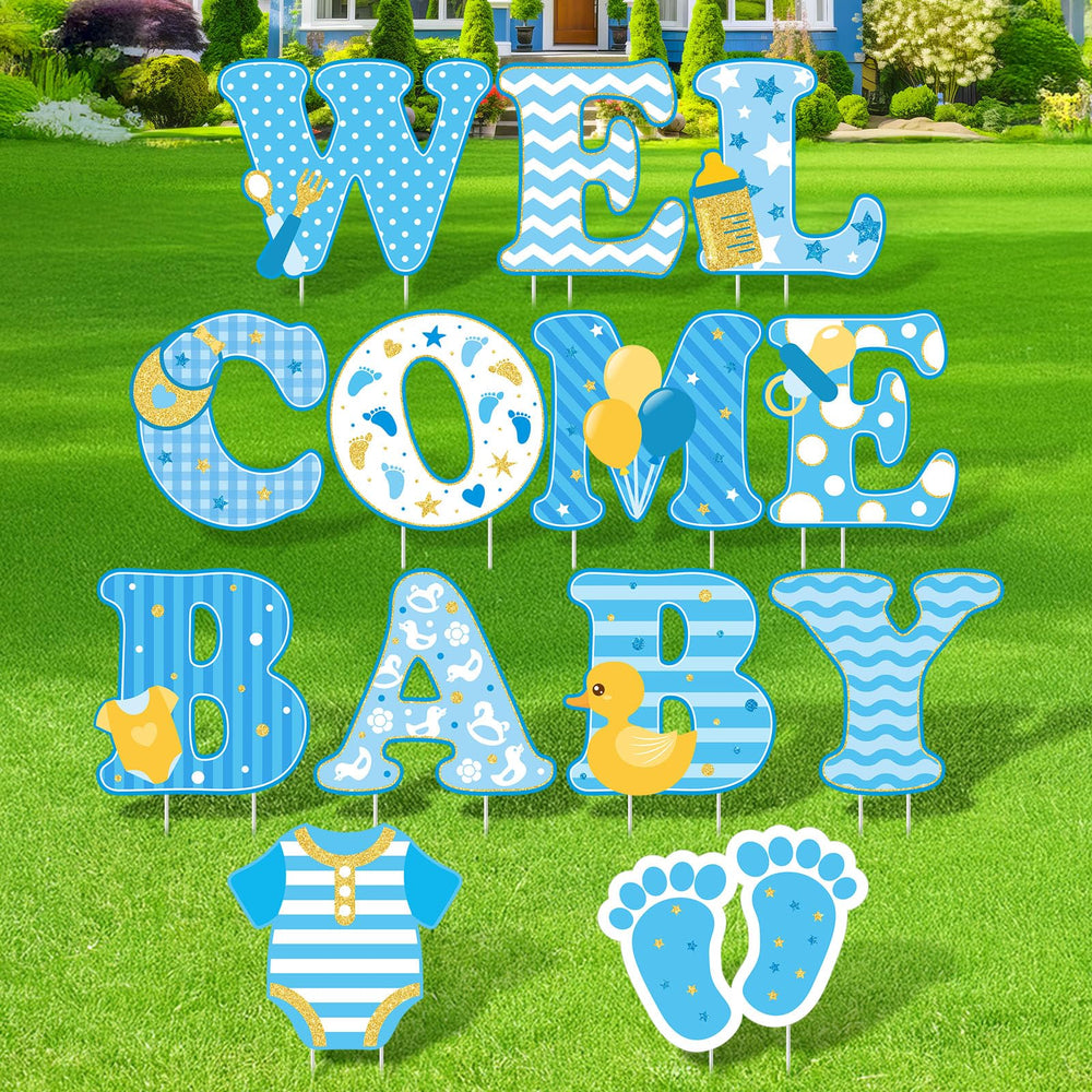 Memorywuu front view of blue welcome baby signs set showing full design and benefit visibility