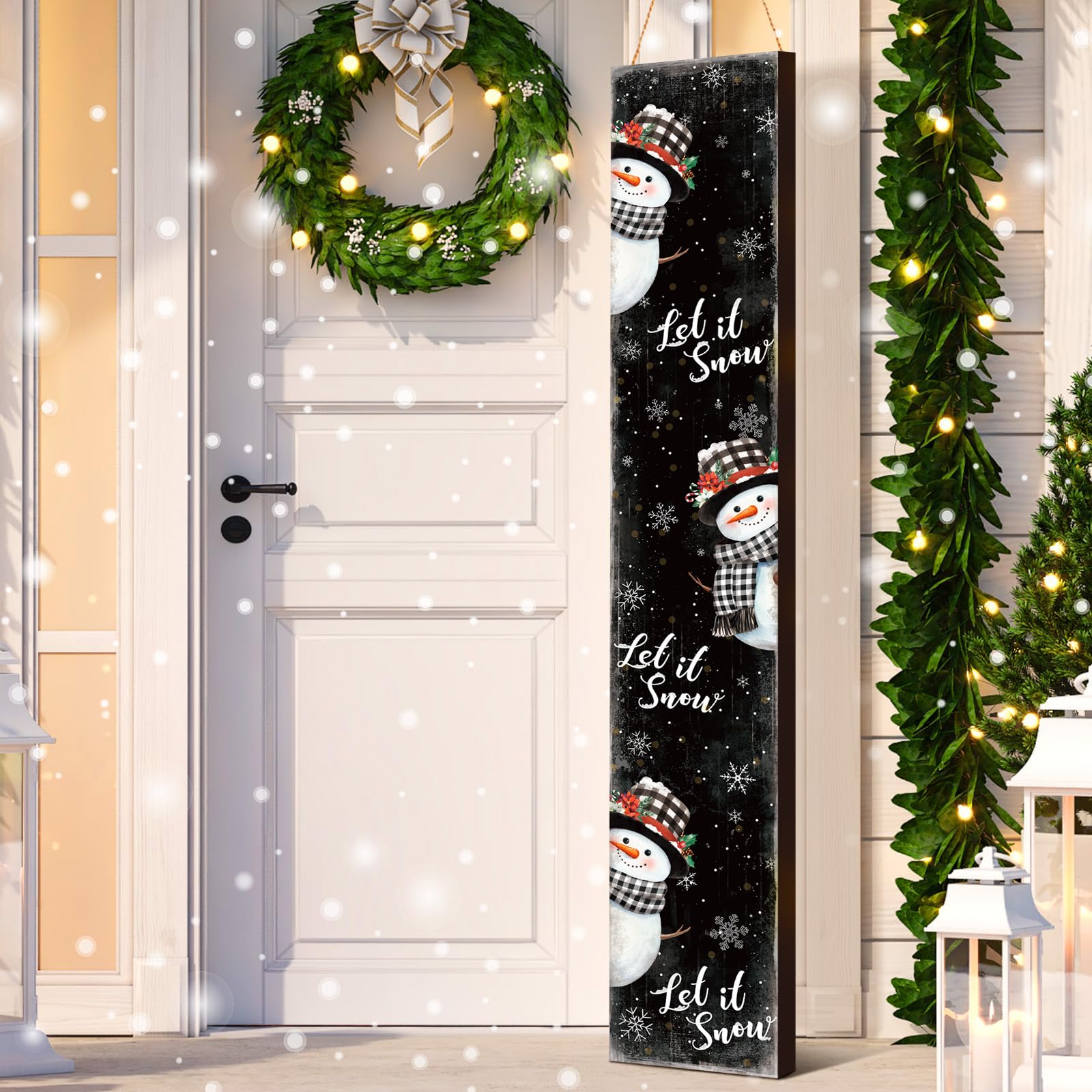 Memorywuu front view of vertical Let It Snow sign showing inviting porch charm