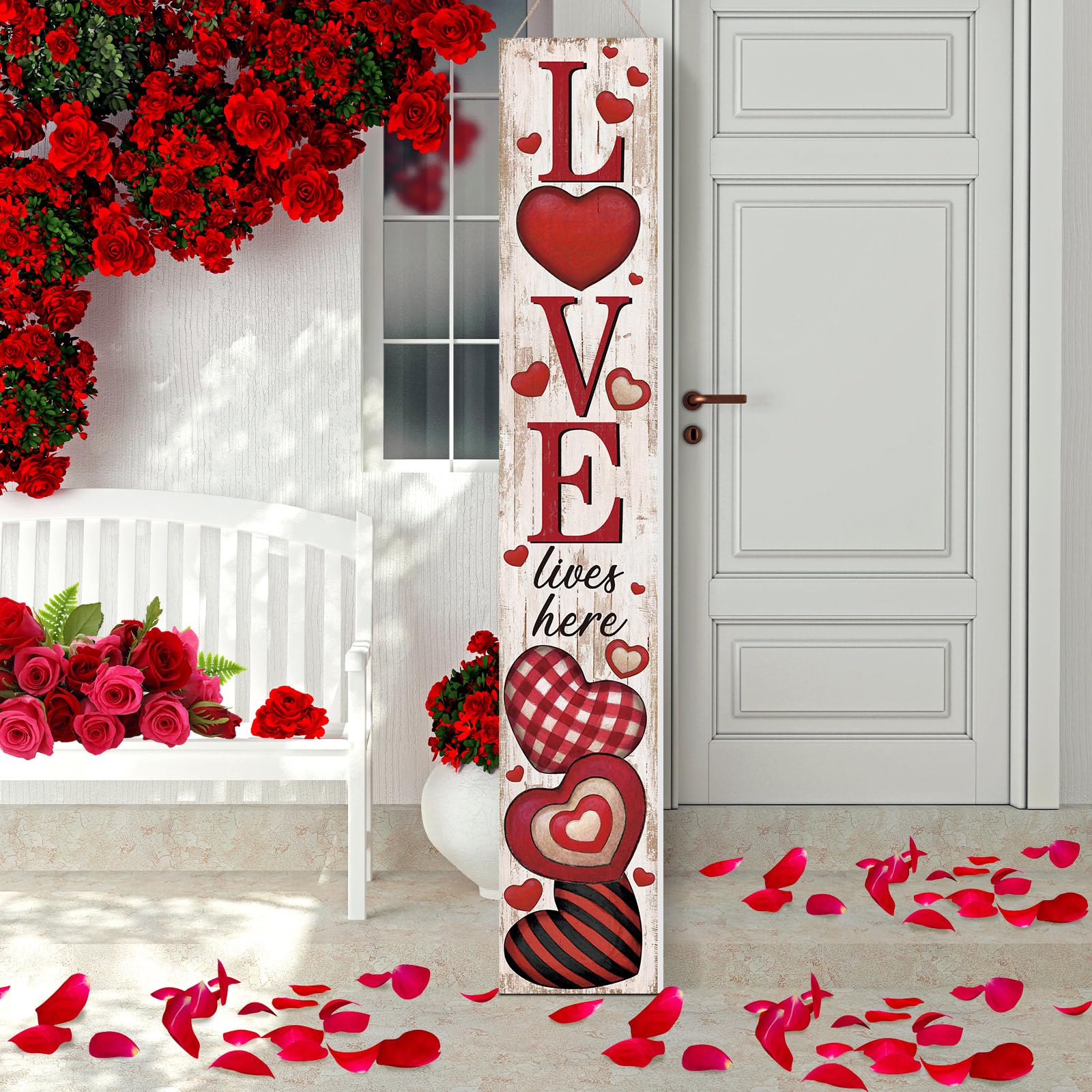 Memorywuu front view of tall Valentine porch sign creating welcoming curb appeal
