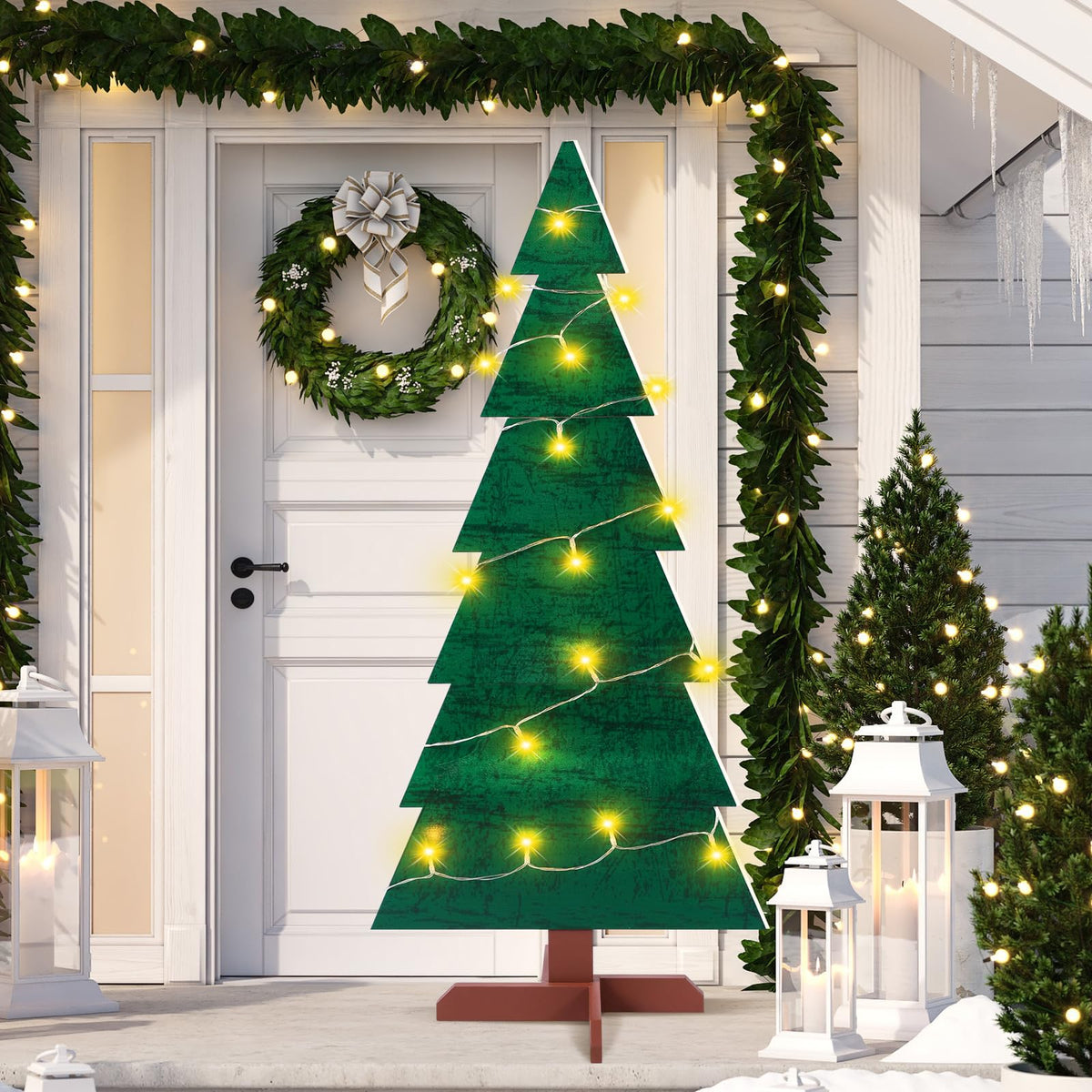 Memorywuu front view of tree sign showing welcoming holiday glow