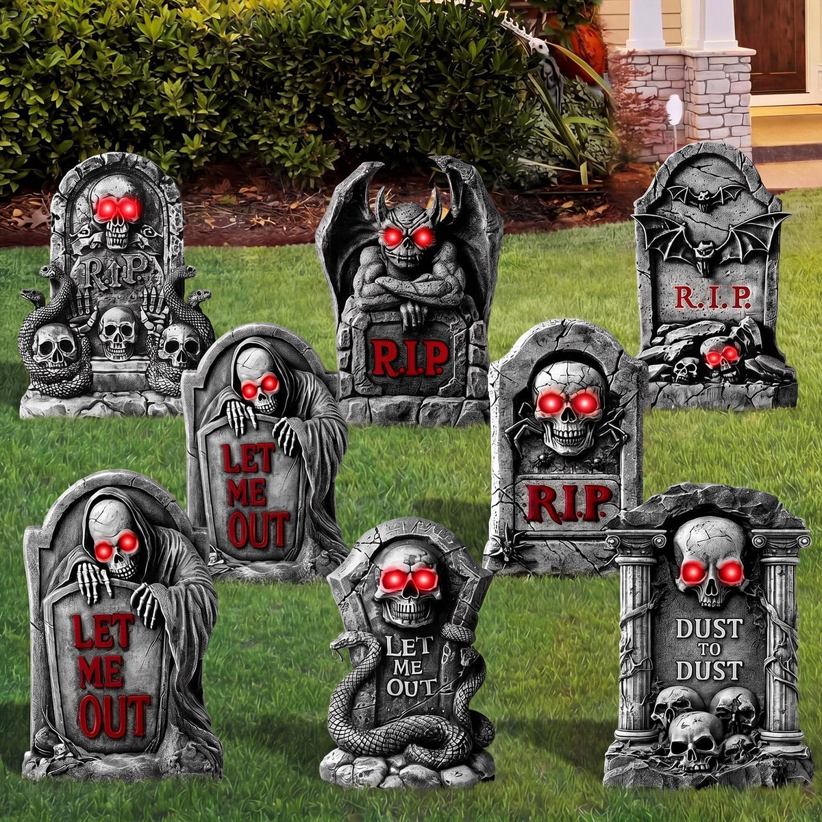 Memorywuu front view of eight tombstones creating eerie curb appeal