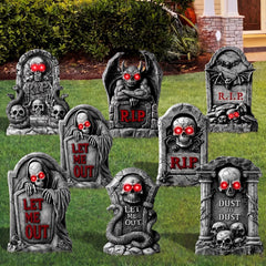 Memorywuu front view of eight tombstones creating eerie curb appeal