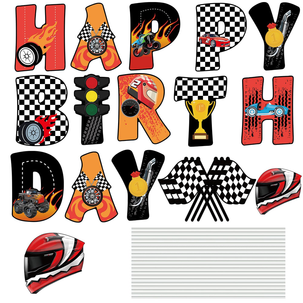 Memorywuu helmet and checkered flag accents highlighting themed details to boost party atmosphere