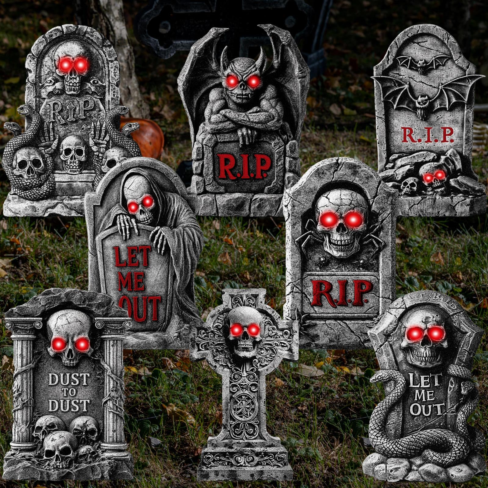 Memorywuu tombstones installed on lawn creating immersive graveyard scene