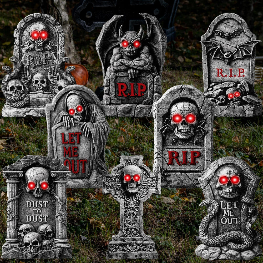 Memorywuu tombstones installed on lawn creating immersive graveyard scene