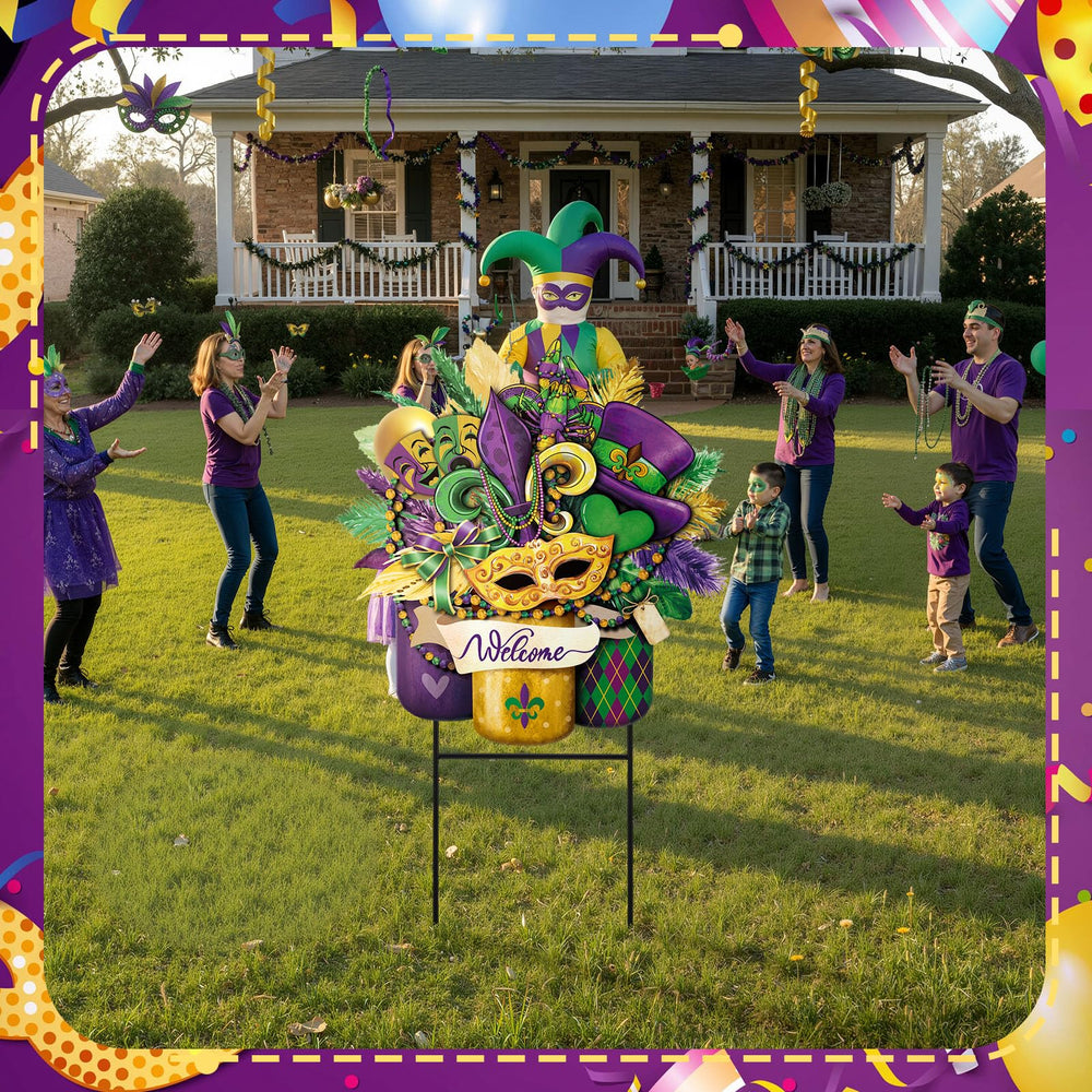 Memorywuu lawn display on porch adding festive Mardi Gras atmosphere to yard
