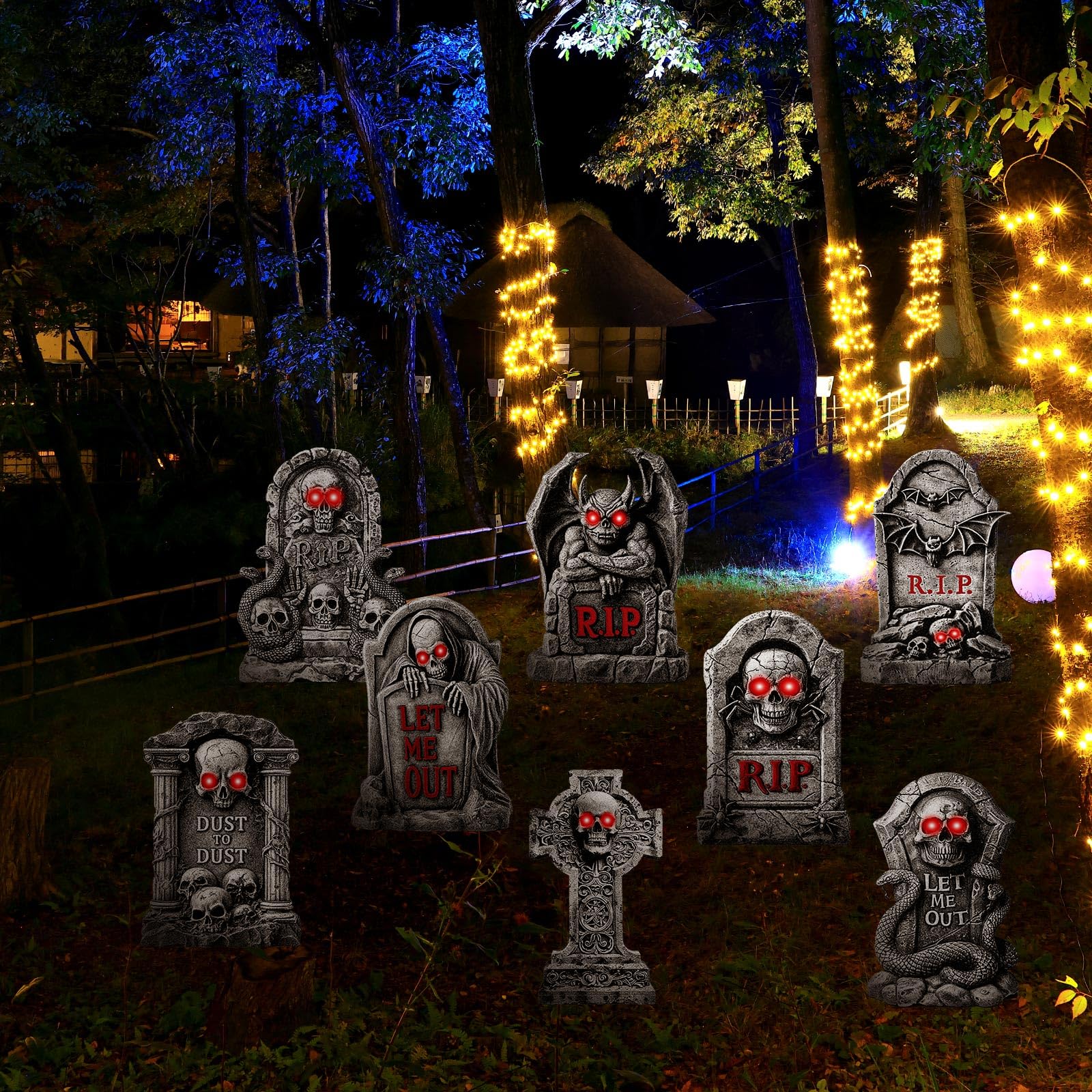 Memorywuu night display with backlit tombstones enhancing Halloween atmosphere