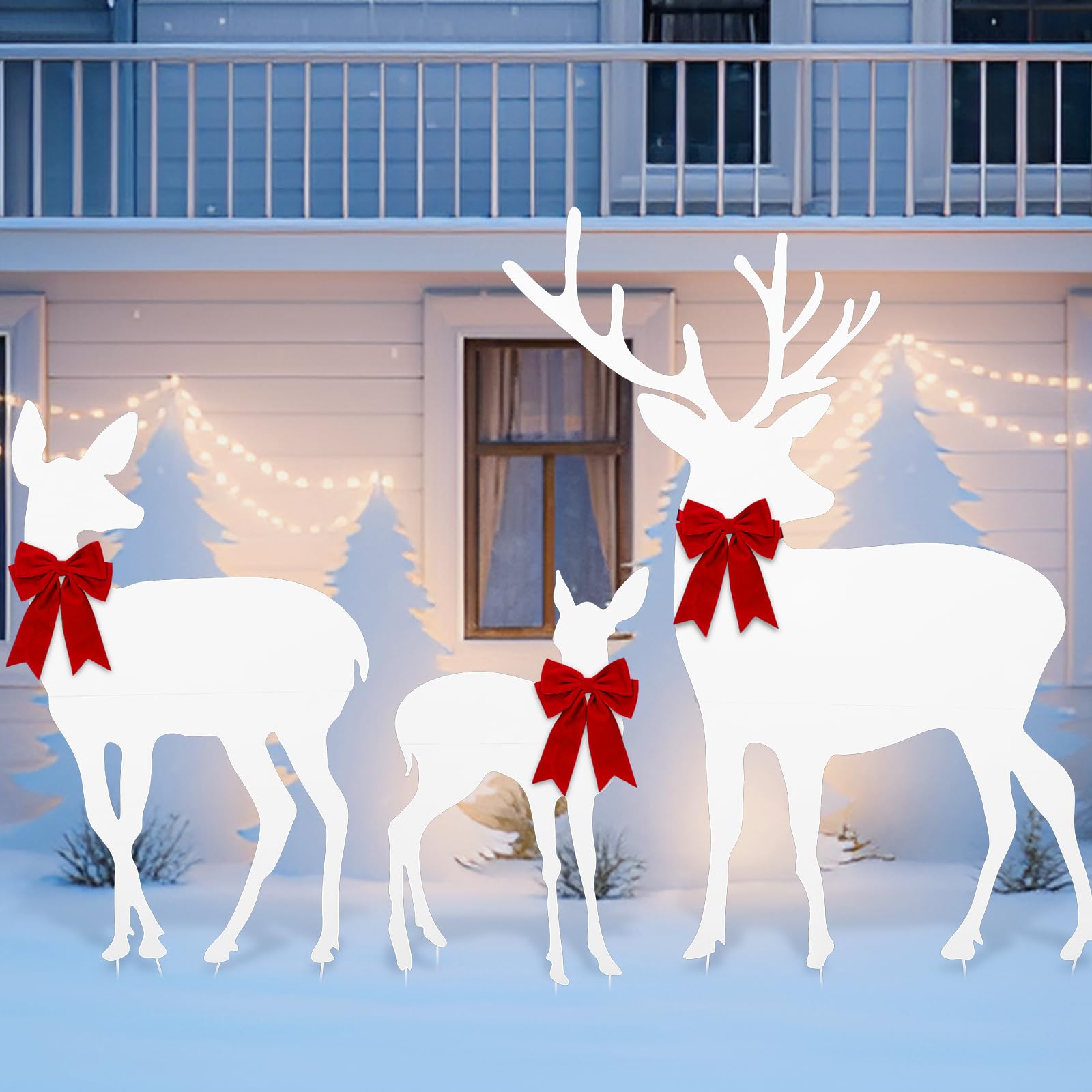 Memorywuu front view of three white reindeer silhouettes showing festive curb appeal