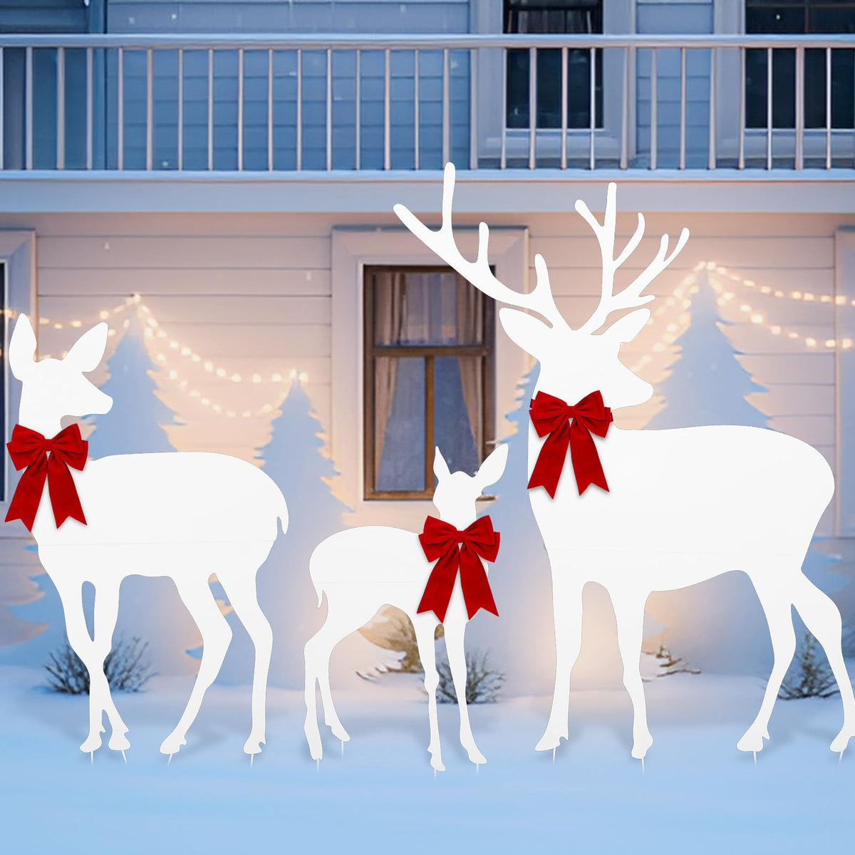 Memorywuu front view of three white reindeer silhouettes showing festive curb appeal