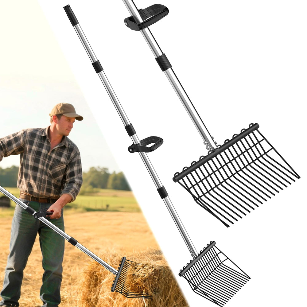 MENGBEI front view of pitchfork showing 18 tines and broadfork head for efficient turning