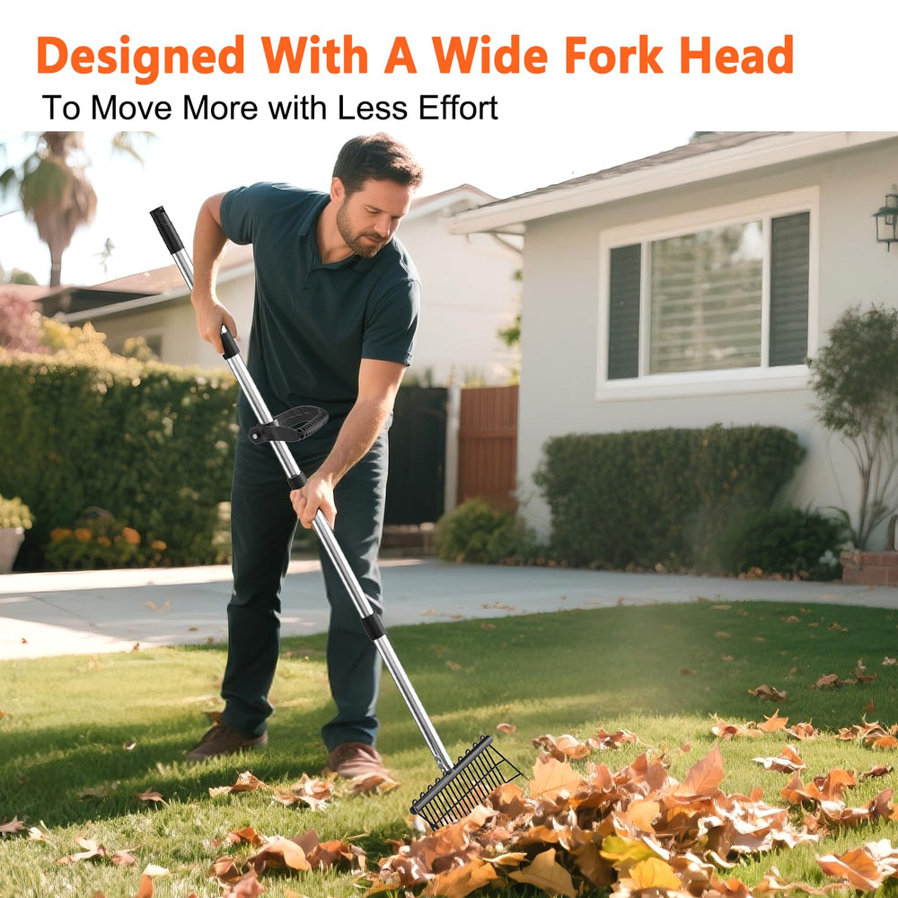 MENGBEI pitchfork next to gardener showing scale and extended reach benefit