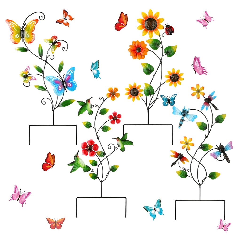 Menkxi front view of all four metal garden stakes showing colorful designs and curb appeal