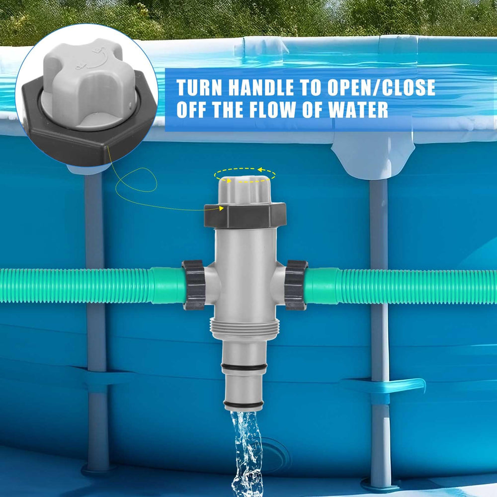 Menkxi valve installed on an above-ground pool pump showing tidy hose routing benefit