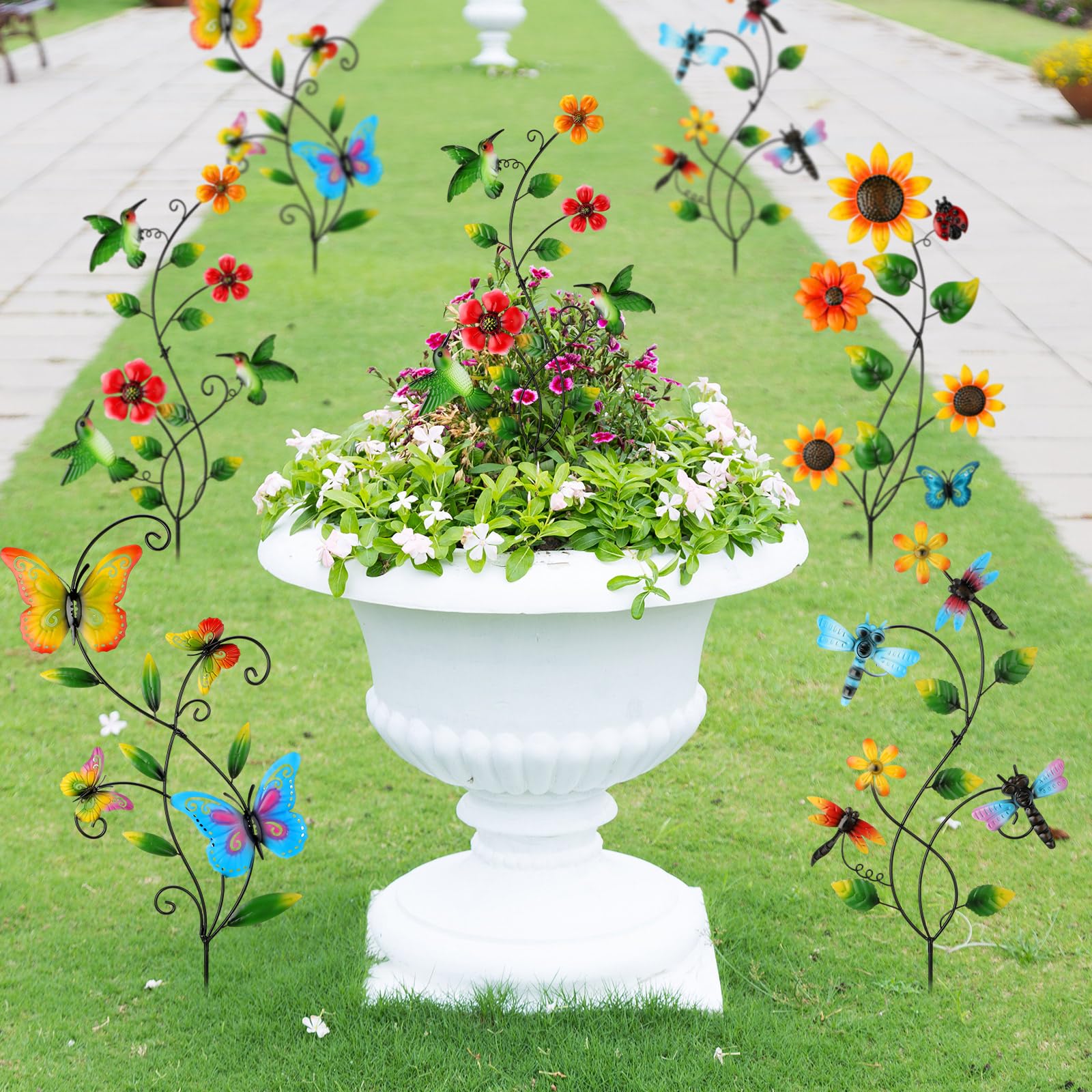 Menkxi sunflower stake detail highlighting bright motif and focal contrast in beds