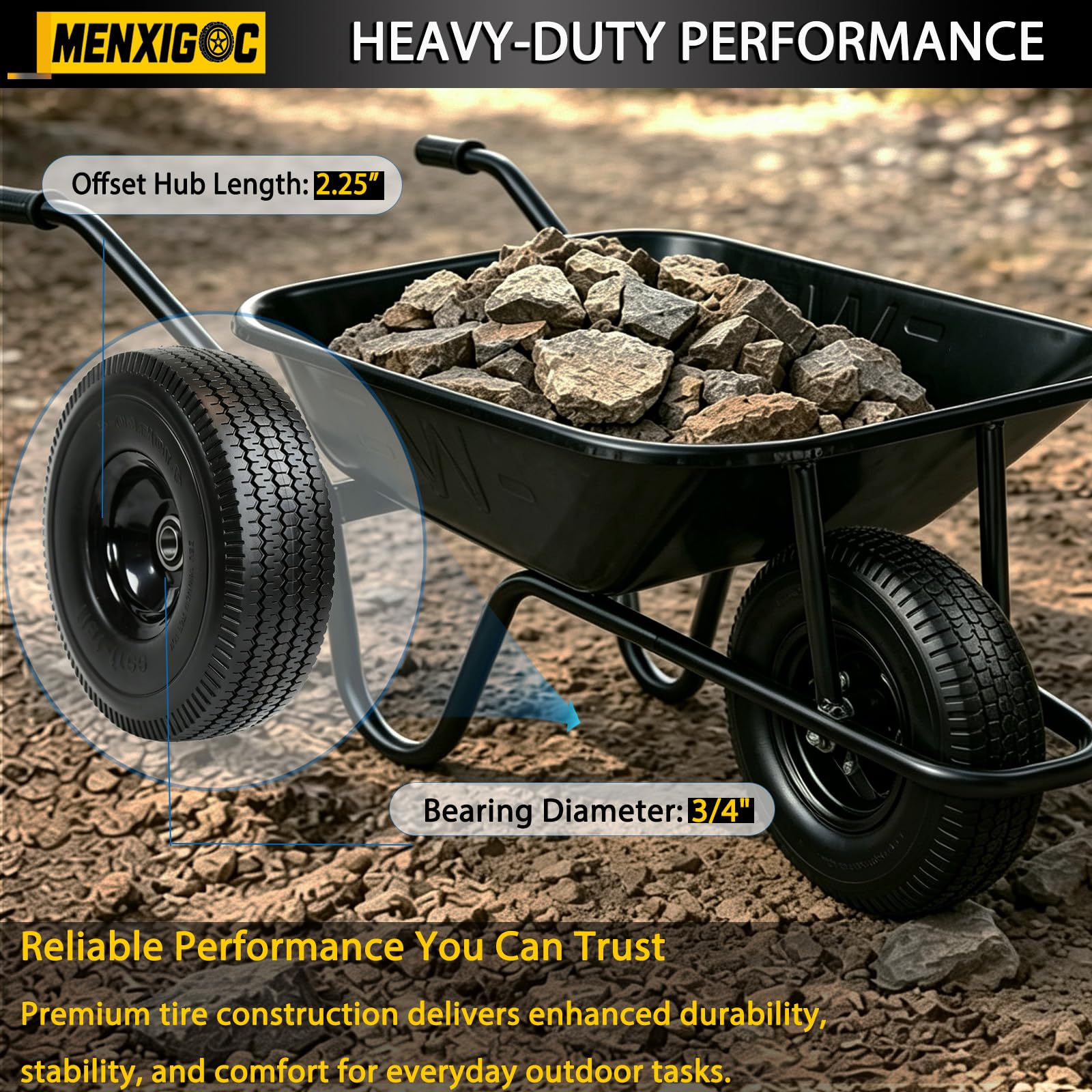 menxigoc installed on a wheelbarrow demonstrating quick swap and ready-to-use benefit